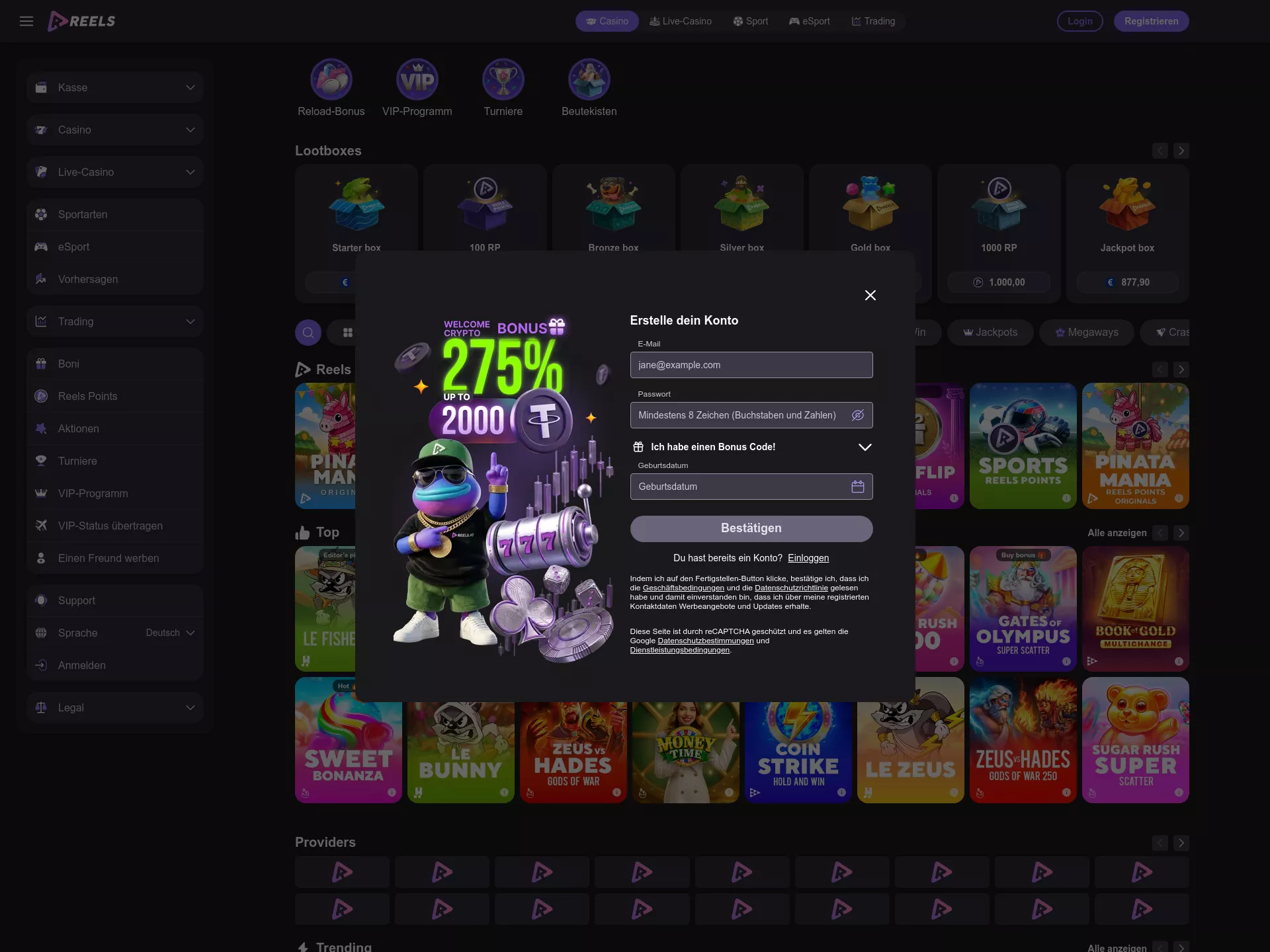 Desktop screen. Reels casino Bis zu ₮2000
