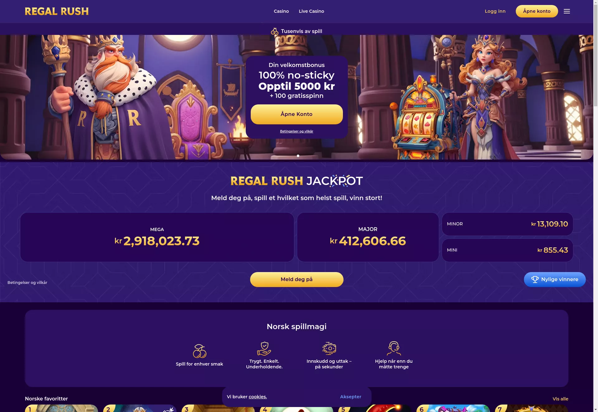 Desktop screen. Regal Rush 100% up to kr5000 + 100 FS