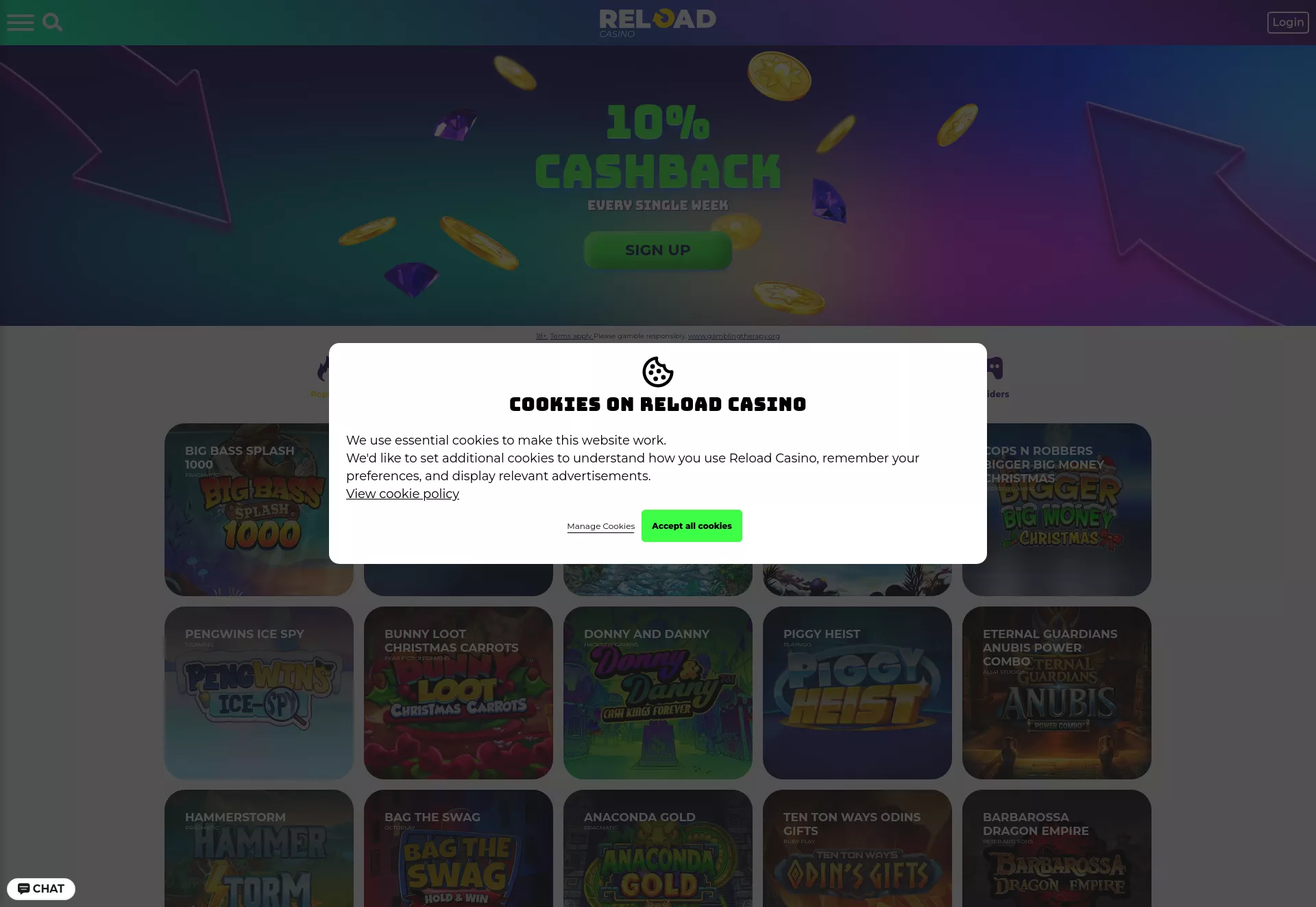 Desktop screen. Reload Casino Cashback 10%