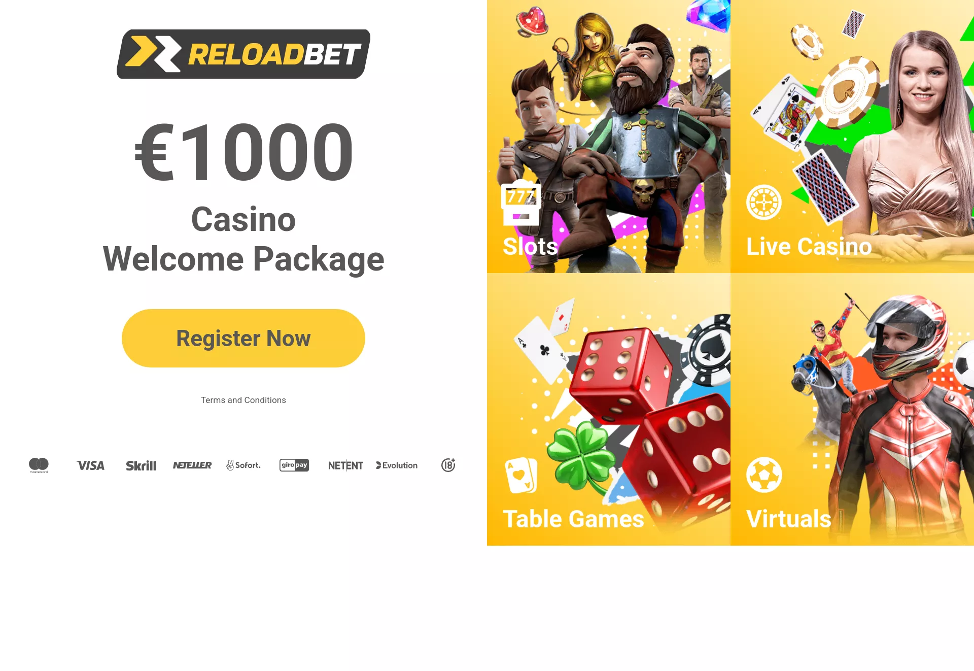 Desktop screen. ReloadBet Up to €1000