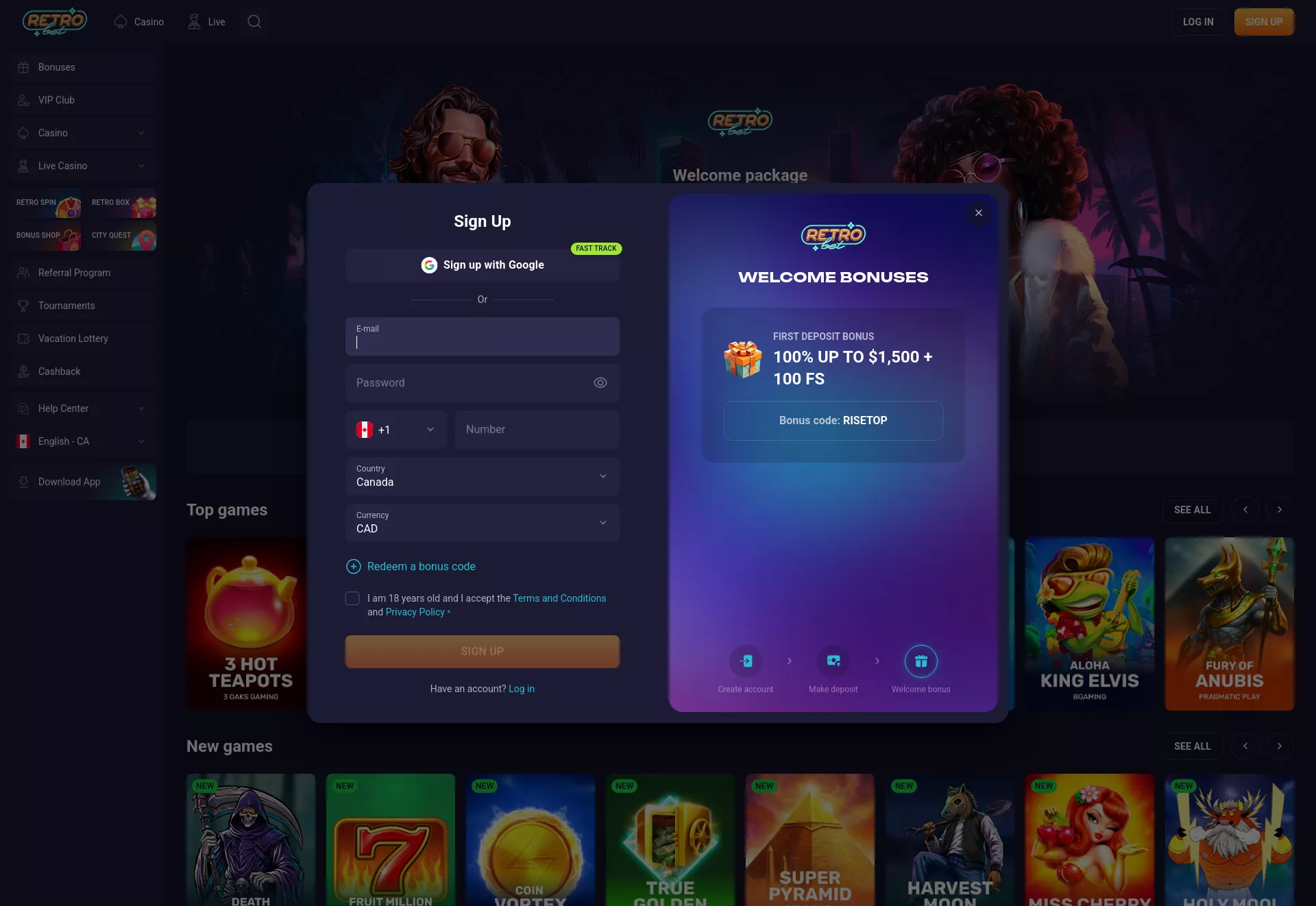 Desktop screen. RetroBet Up to C$22500 + 500 FS