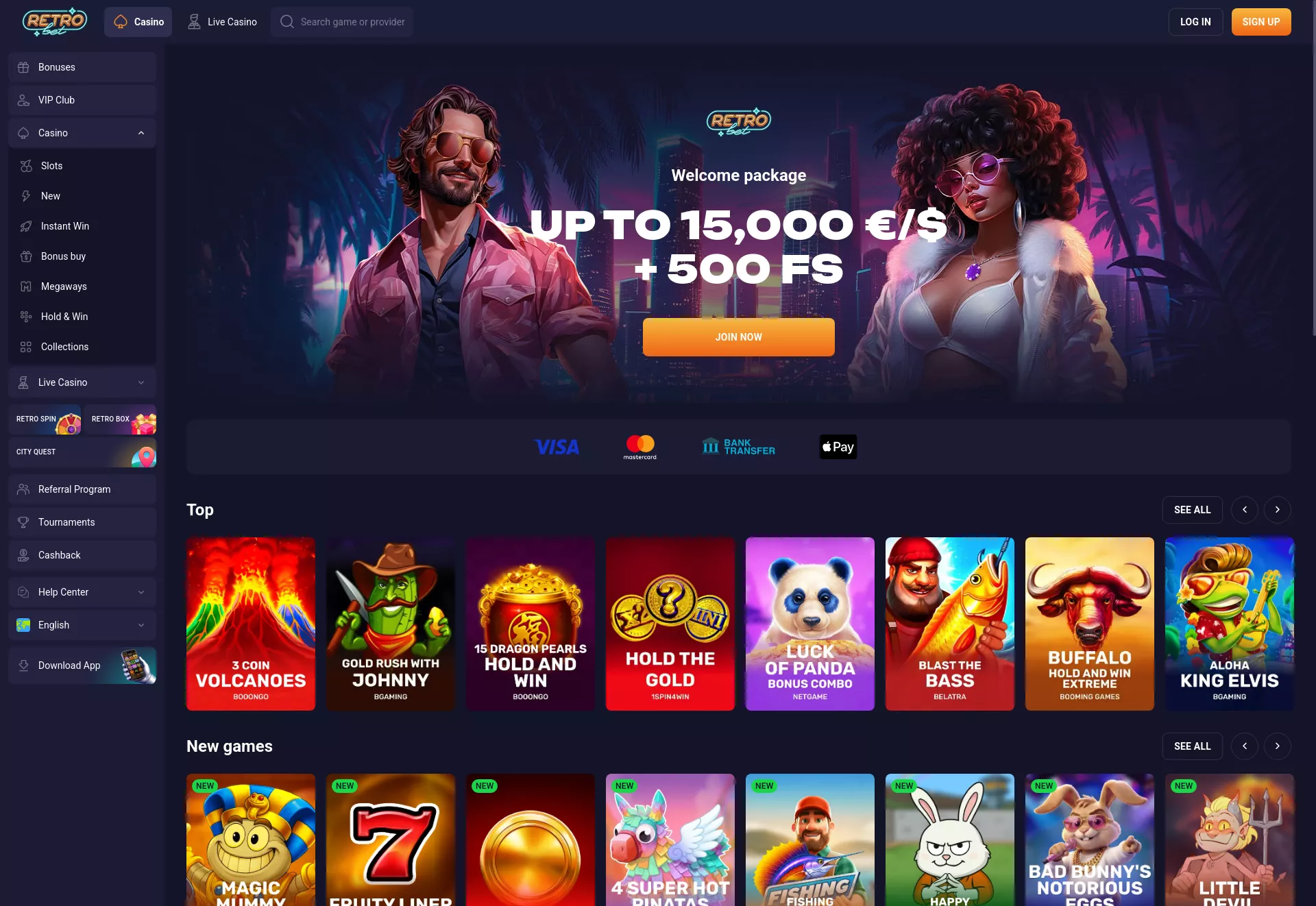 Desktop screen. RetroBet Up to $15000 + 500 FS