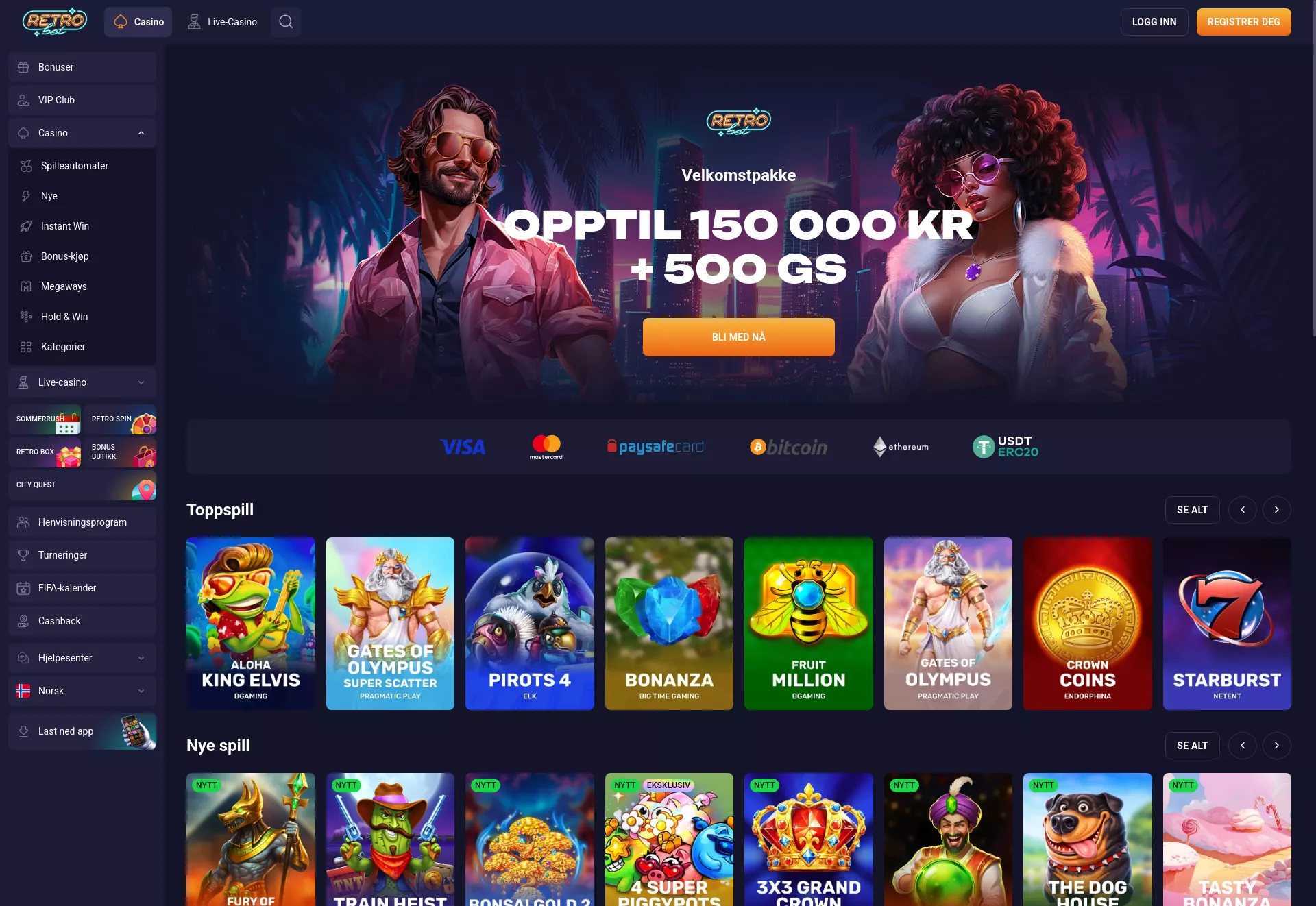 Desktop screen. RetroBet Up to kr150000 + 500 FS