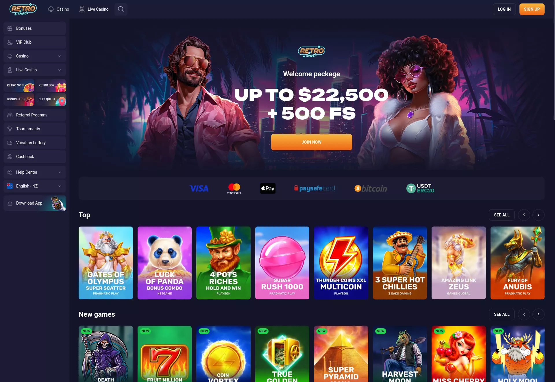 Desktop screen. RetroBet Up to NZ$15000 + 500 FS