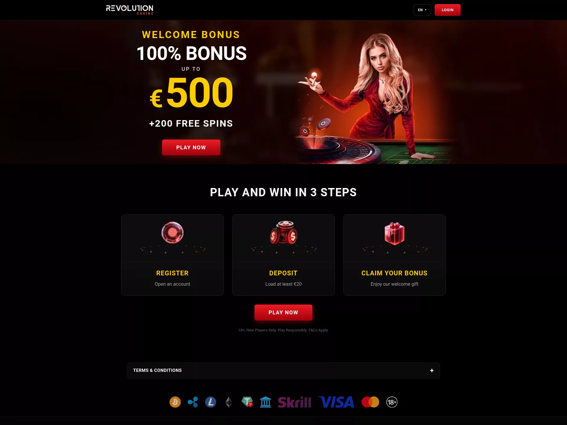 Desktop screen. Revolution Casino 100% up to $500 + 200 FS