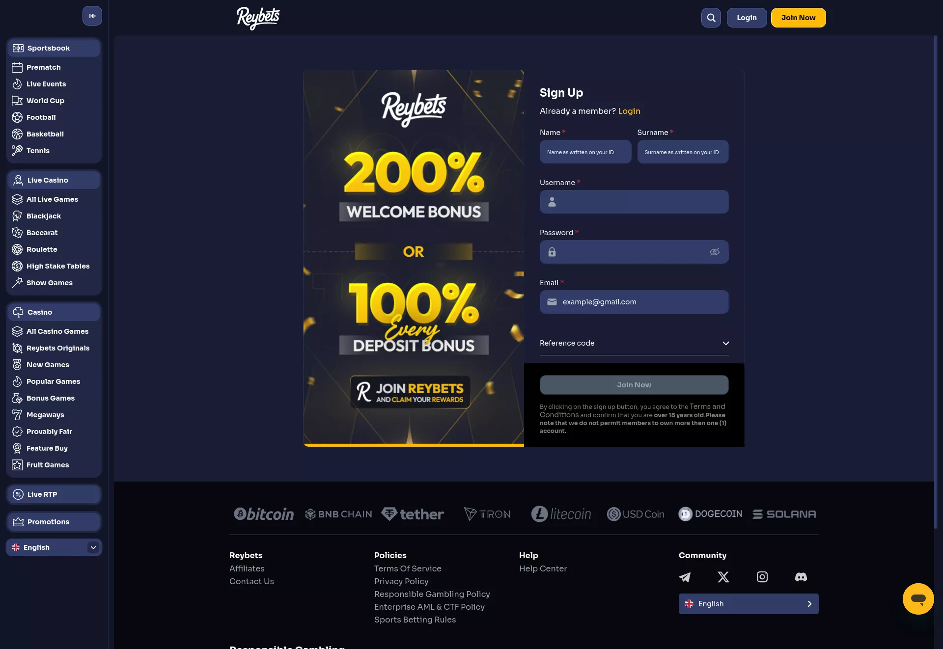 Desktop screen. Reybets 200% hasta $1000