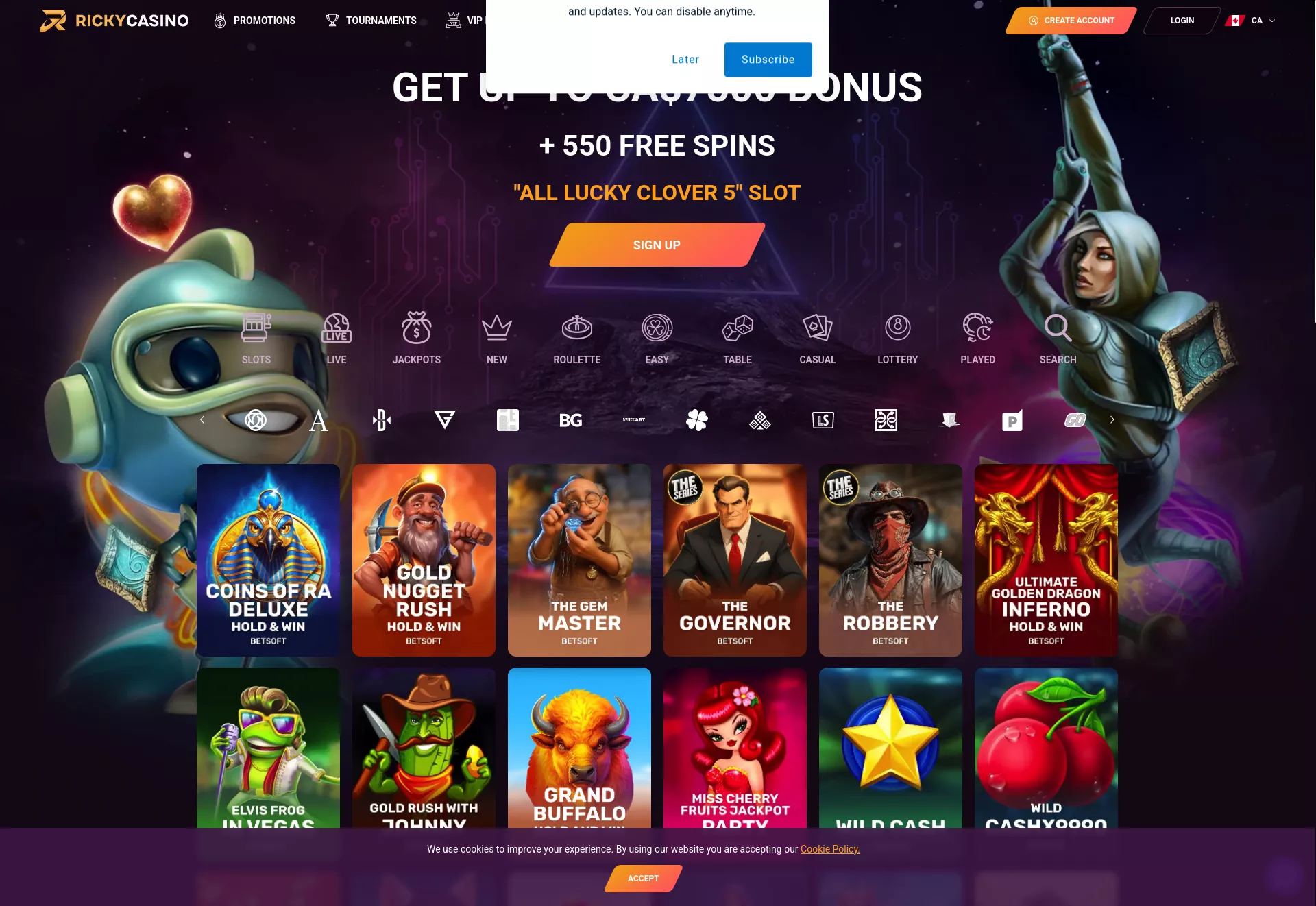 Desktop screen. RickyCasino Up to C$7500 + 550 FS