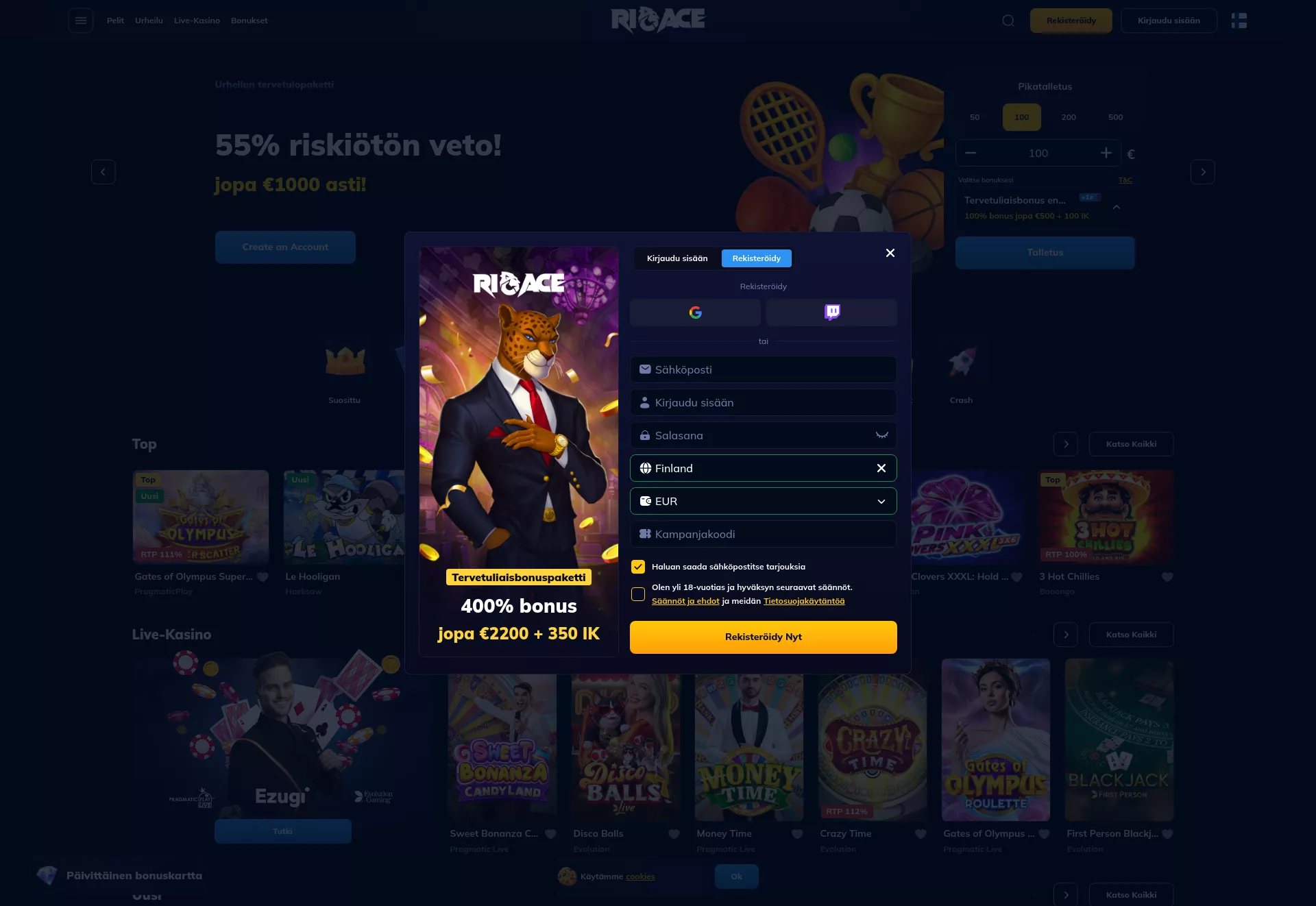 Desktop screen. RioAce Casino Up to €2200 + 350 FS