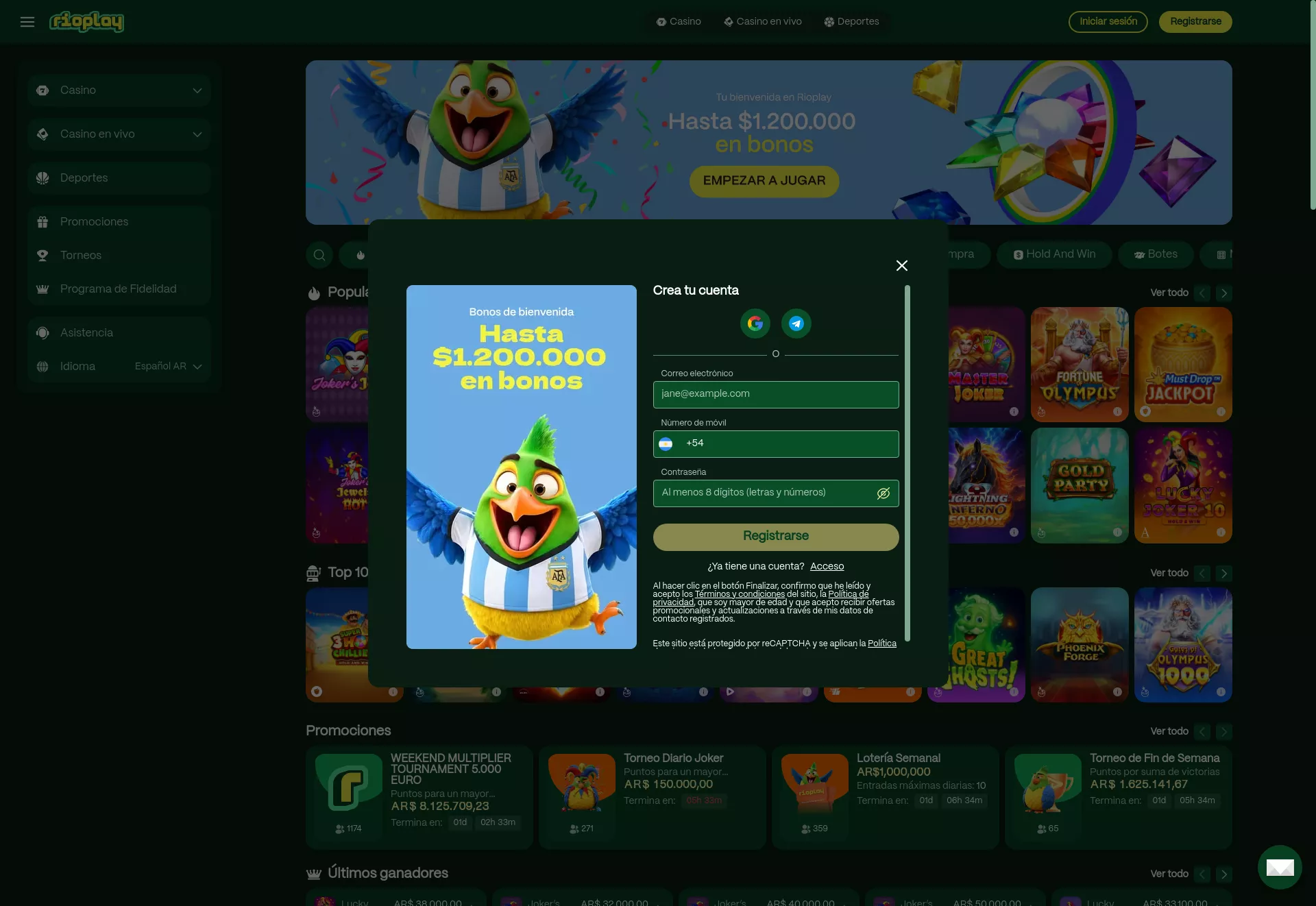 Desktop screen. RioPlay Casino Up to $1500 + 250 FS