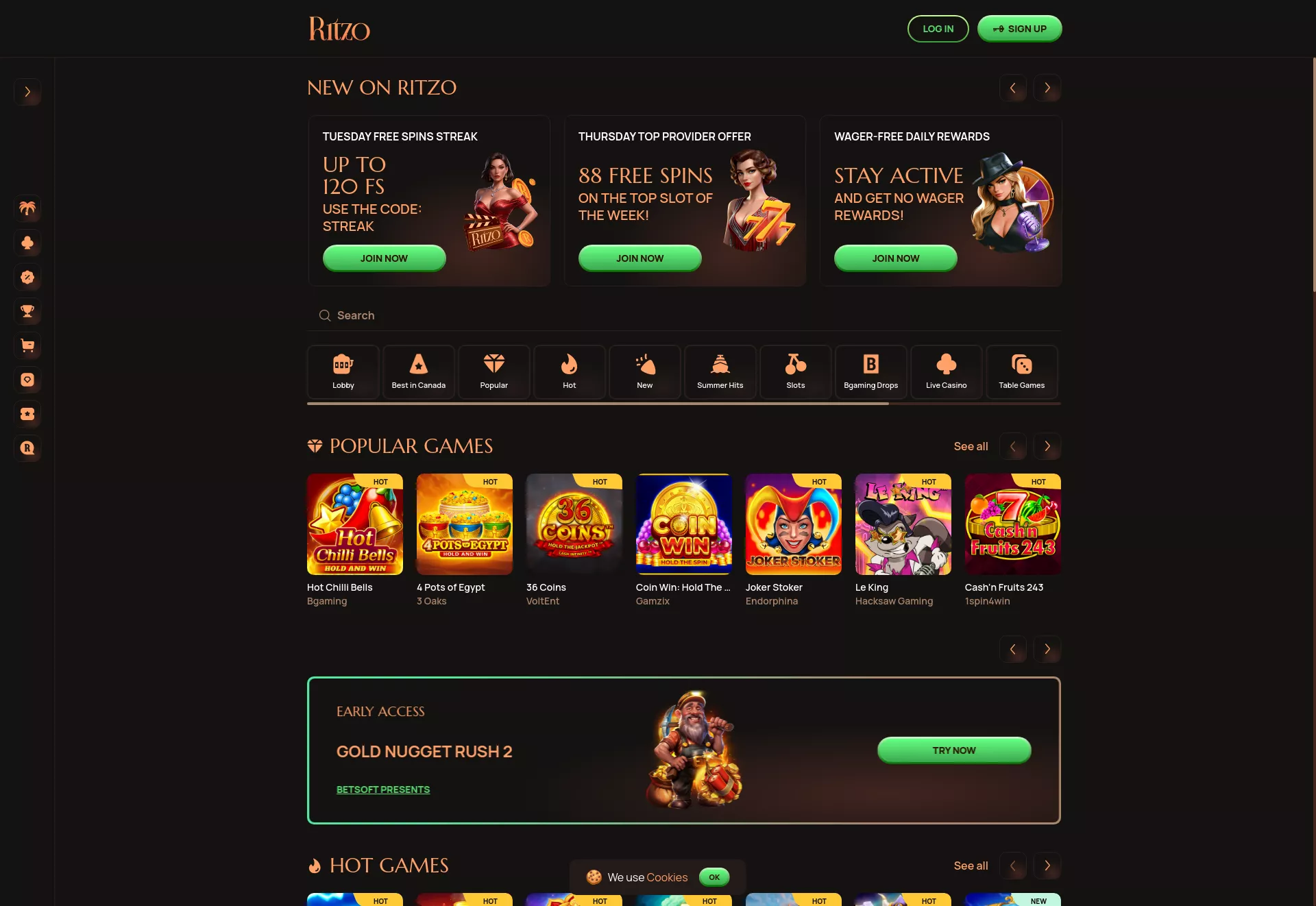 Desktop screen. Ritzo casino Up to C$3000 + 300 FS