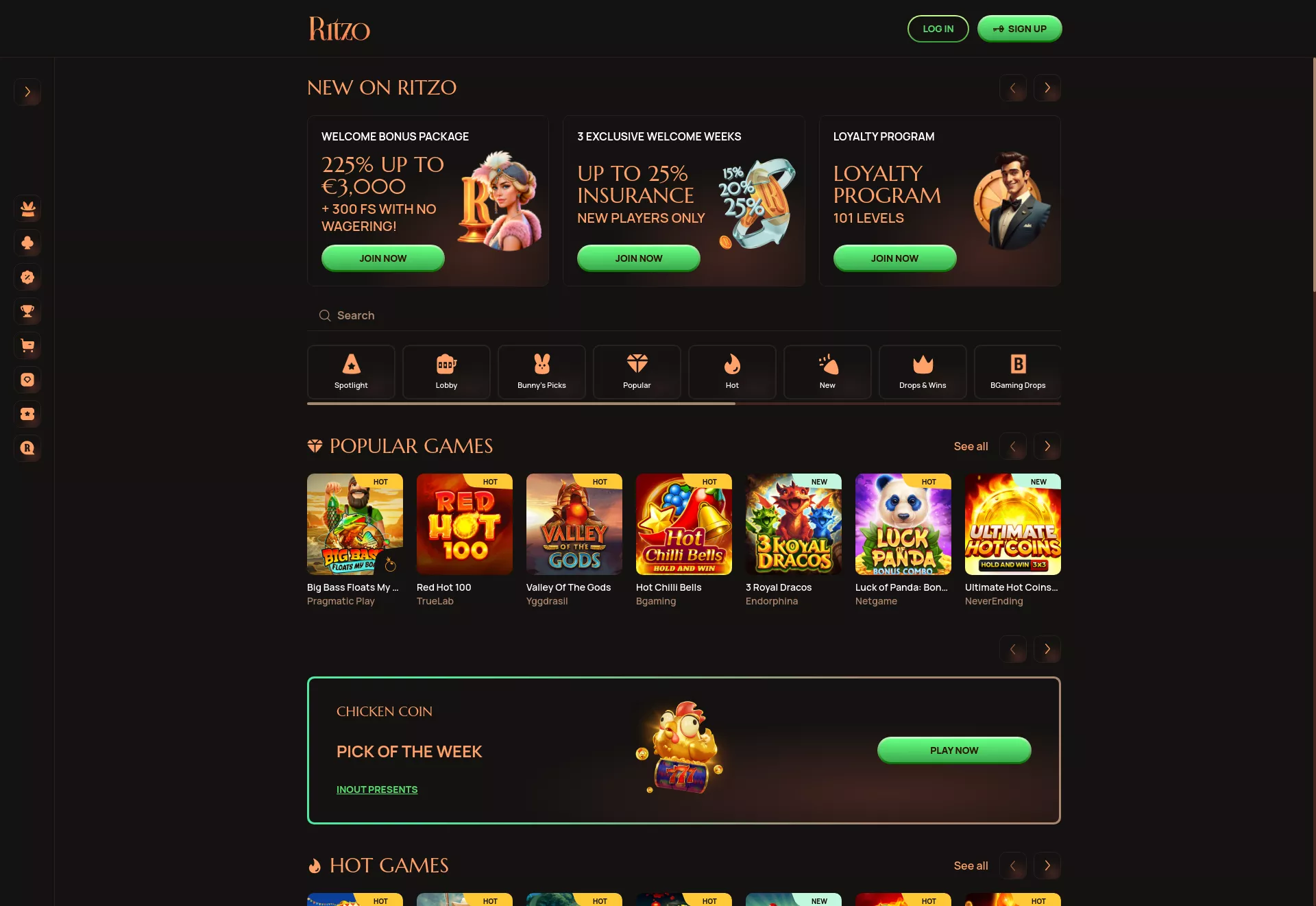 Desktop screen. Ritzo casino Up to $1000 + 300 FS