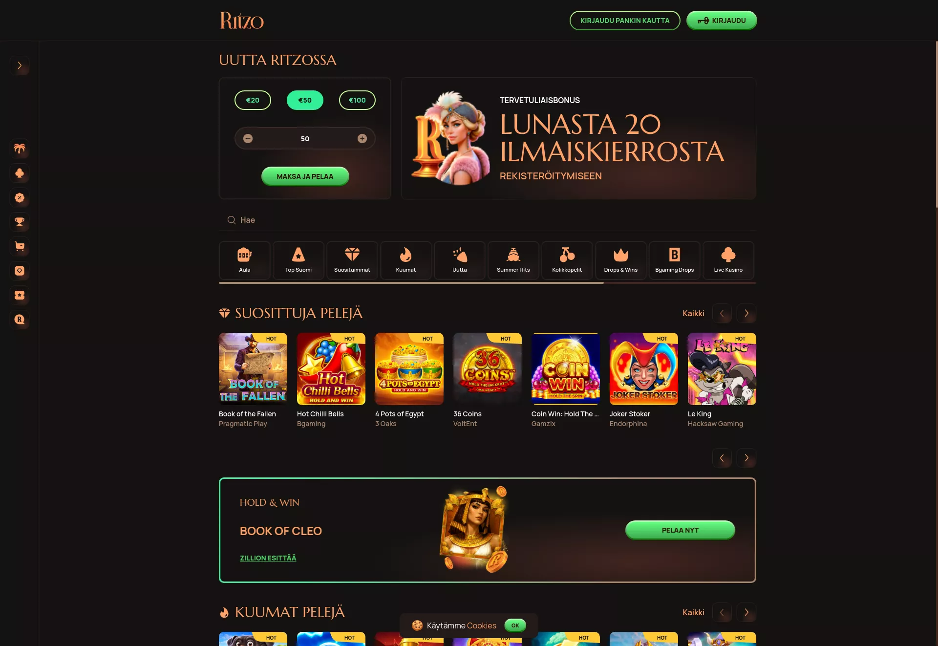 Desktop screen. Ritzo casino Up to €1000 + 300 FS