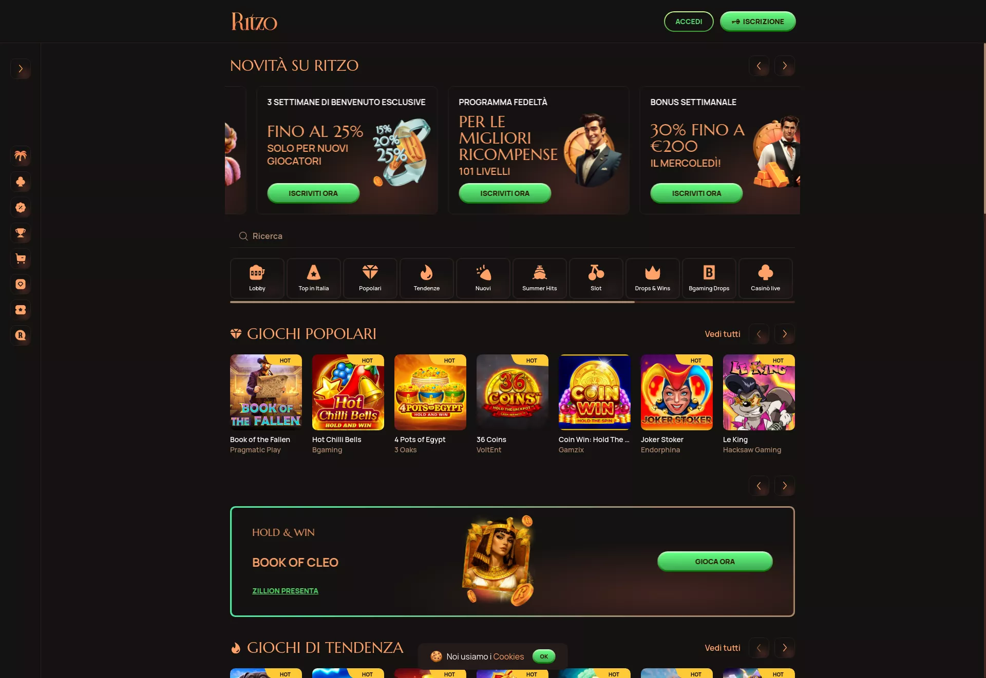 Desktop screen. Ritzo casino Up to €1000 + 300 FS