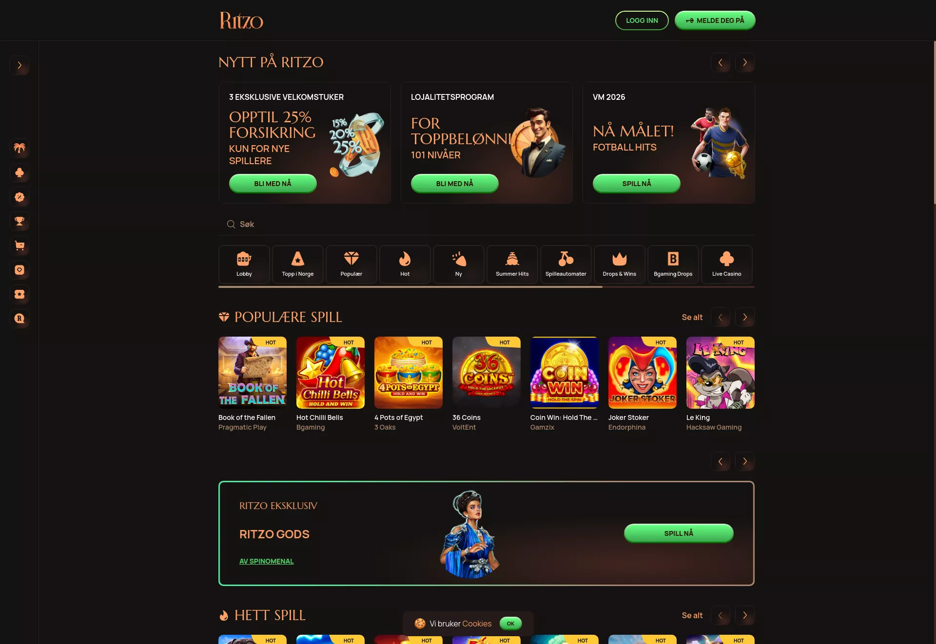 Desktop screen. Ritzo casino Up to kr10000 + 300 FS