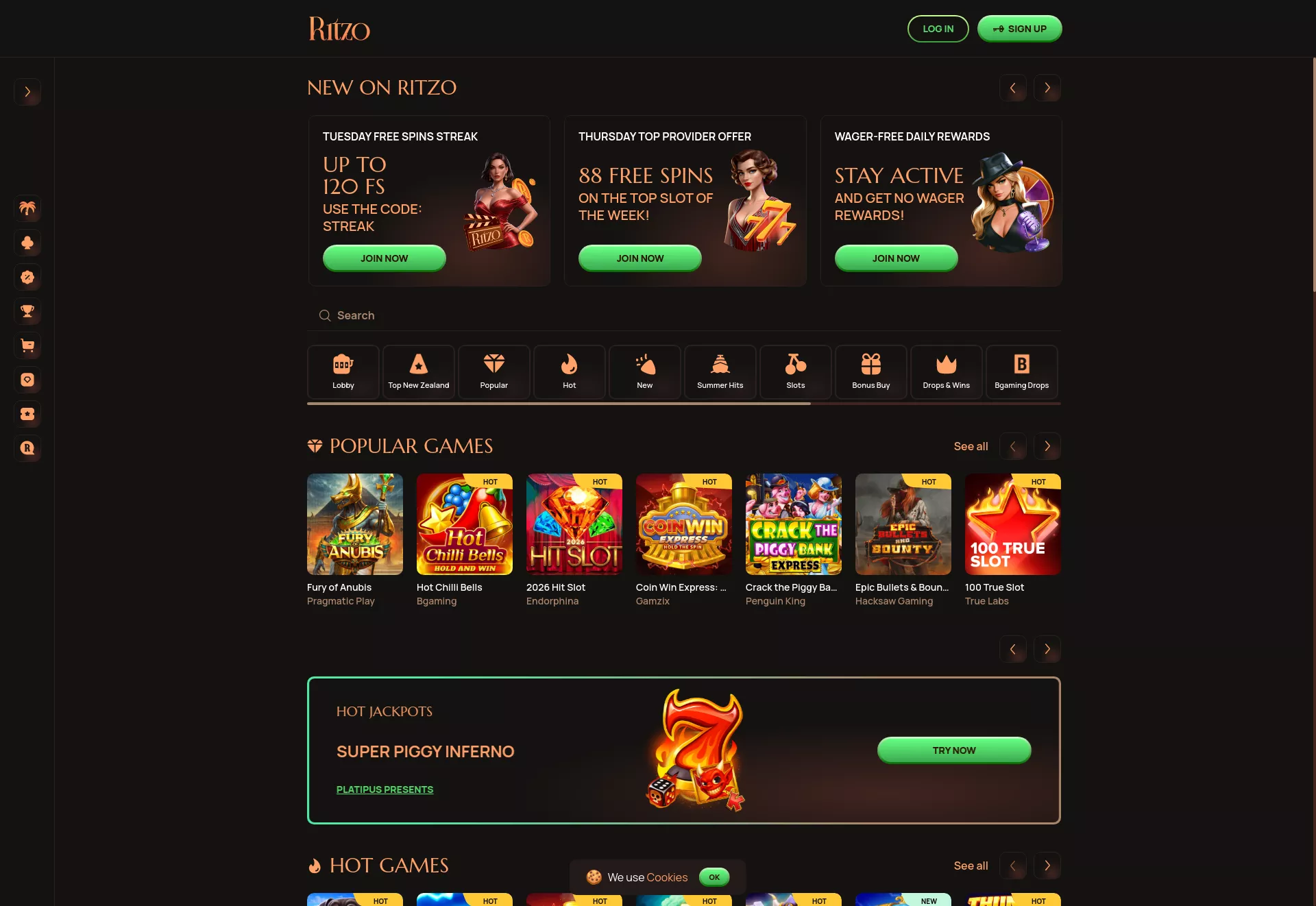 Desktop screen. Ritzo casino Up to NZ$1620 + 300 FS