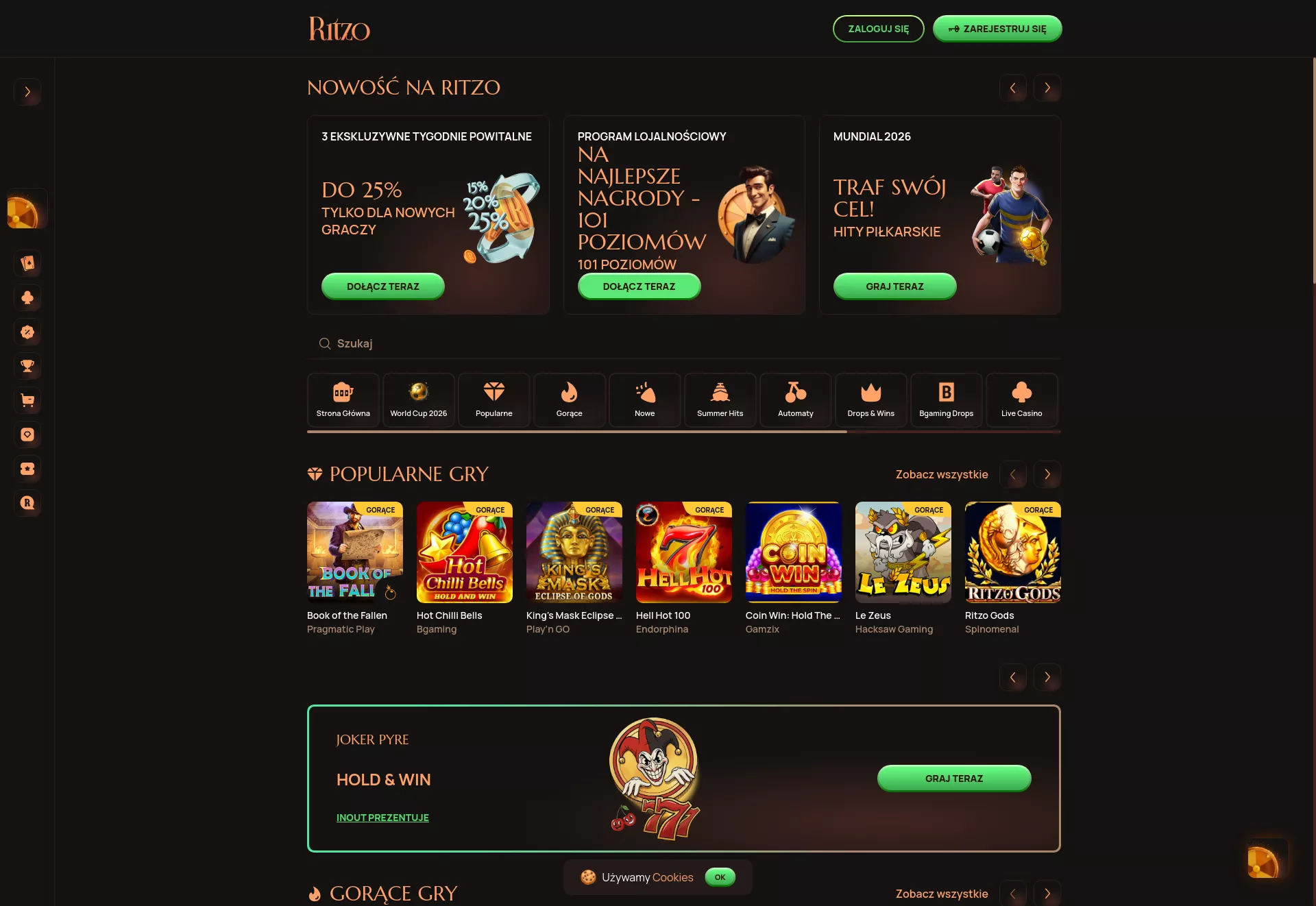 Desktop screen. Ritzo casino Up to zł5000 + 300 FS