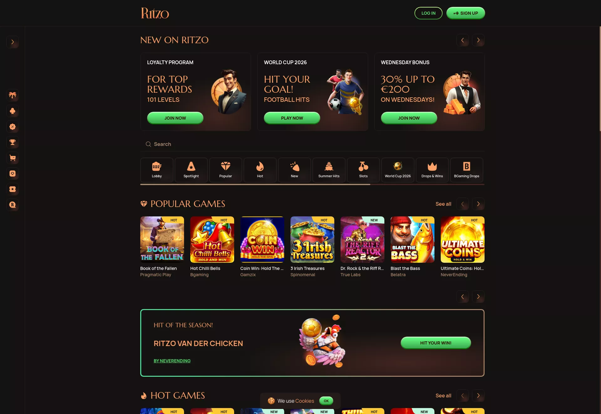 Desktop screen. Ritzo casino Up to €1000 + 300 FS