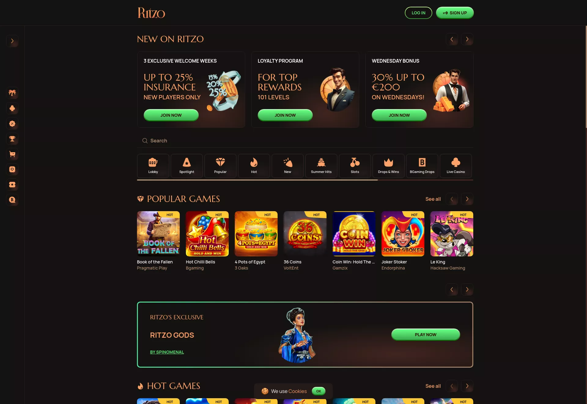 Desktop screen. Ritzo casino Up to €1000 + 300 FS