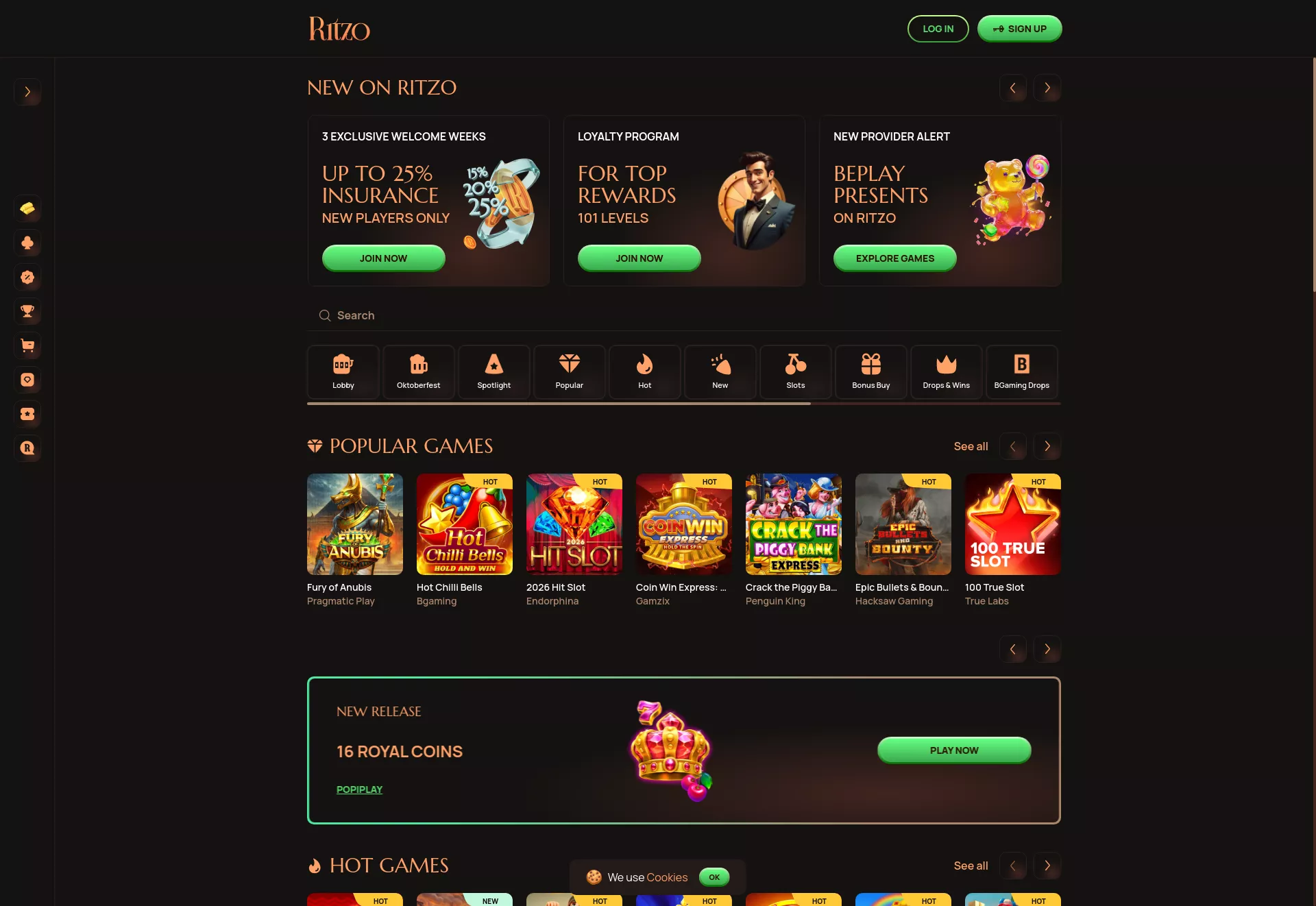 Desktop screen. Ritzo casino Bis zu €1000 + 300 FS