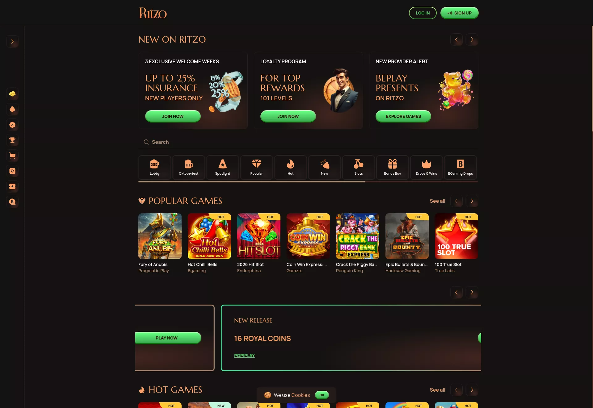 Desktop screen. Ritzo casino Bis zu €1000 + 300 FS