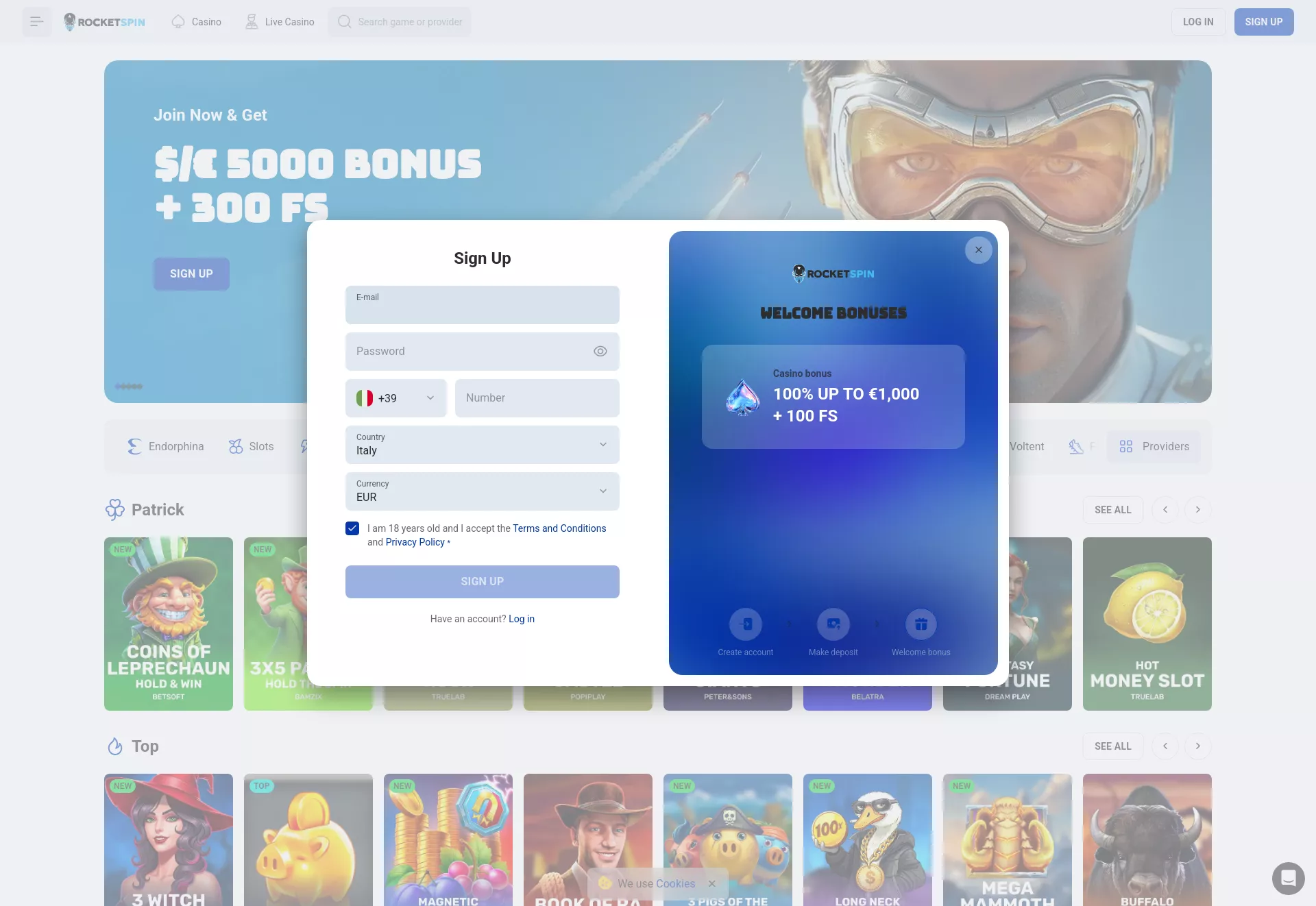 Desktop screen. Rocket Spin Fino a €5000 + 300 FS