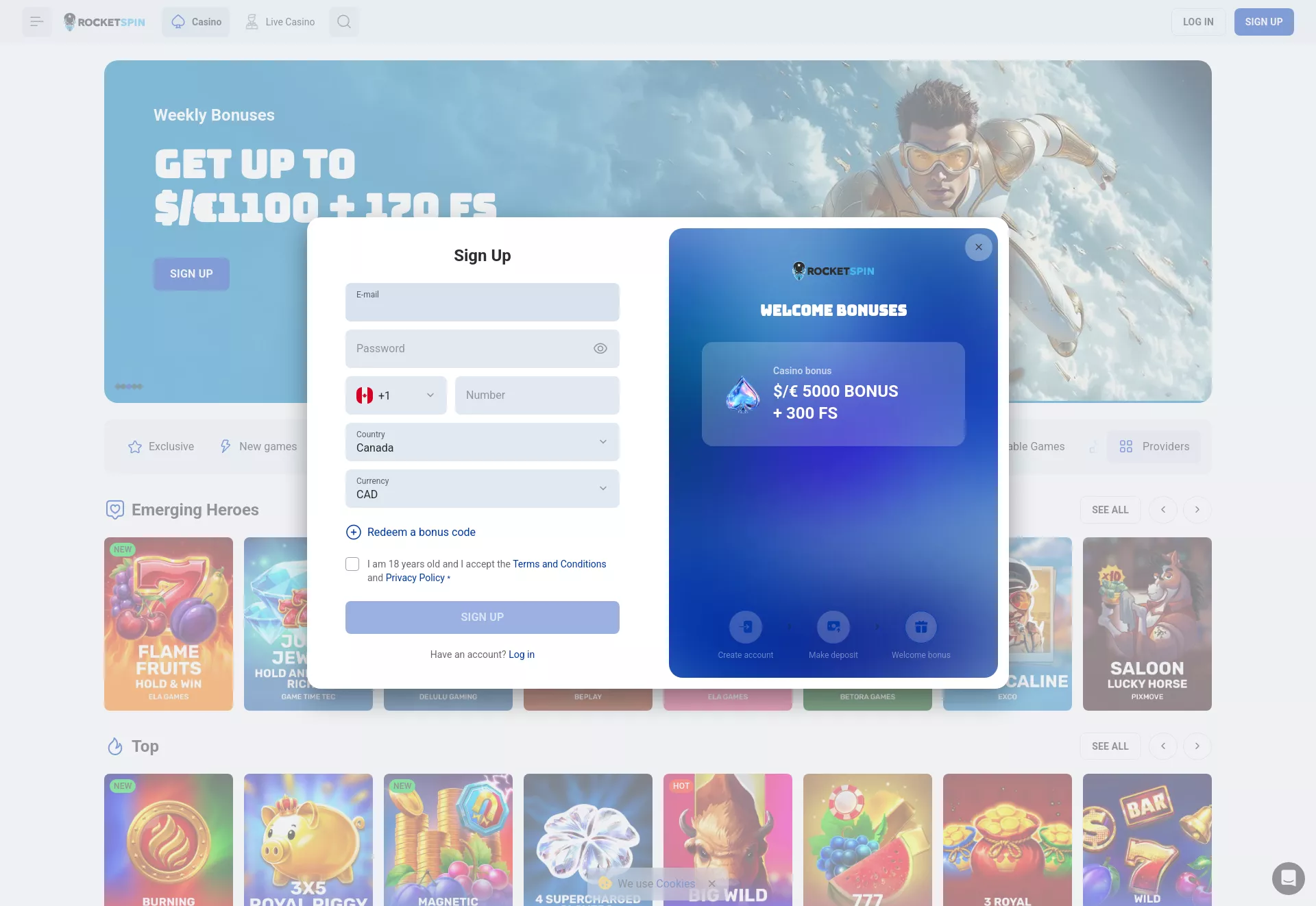 Desktop screen. Rocket Spin Up to C$5000 + 300 FS