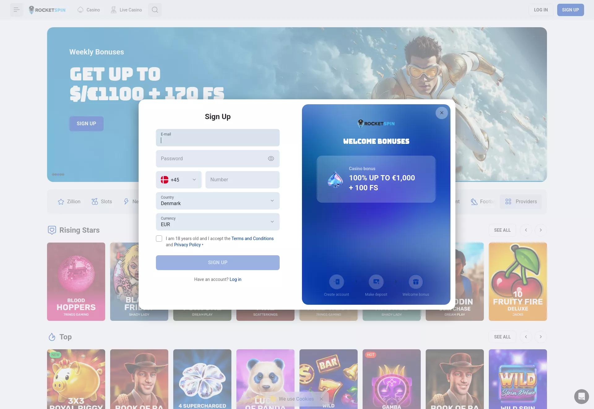 Desktop screen. Rocket Spin Up to $5000 + 300 FS
