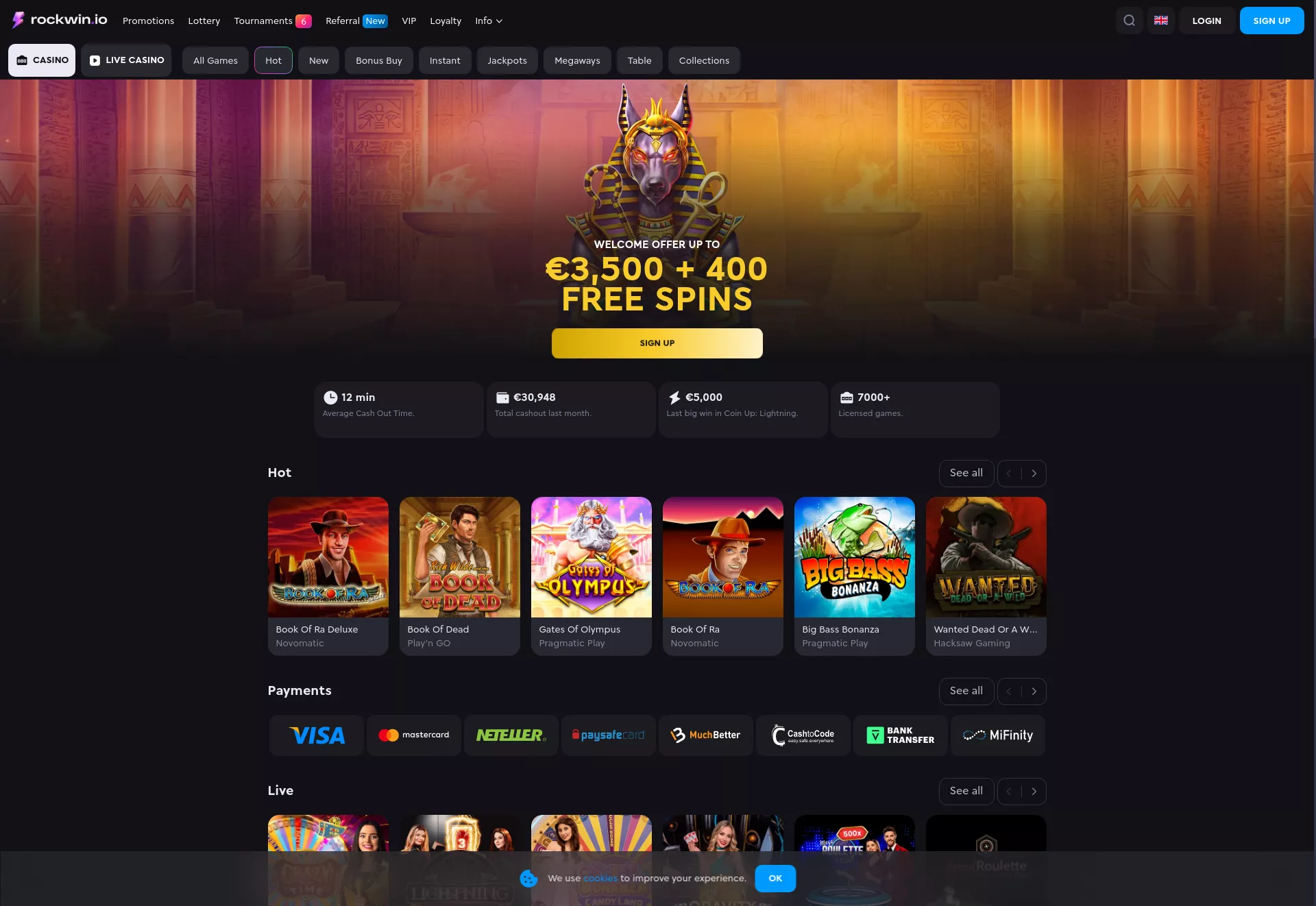 Desktop screen. Rockwin Casino Fino a €3500 + 400 FS