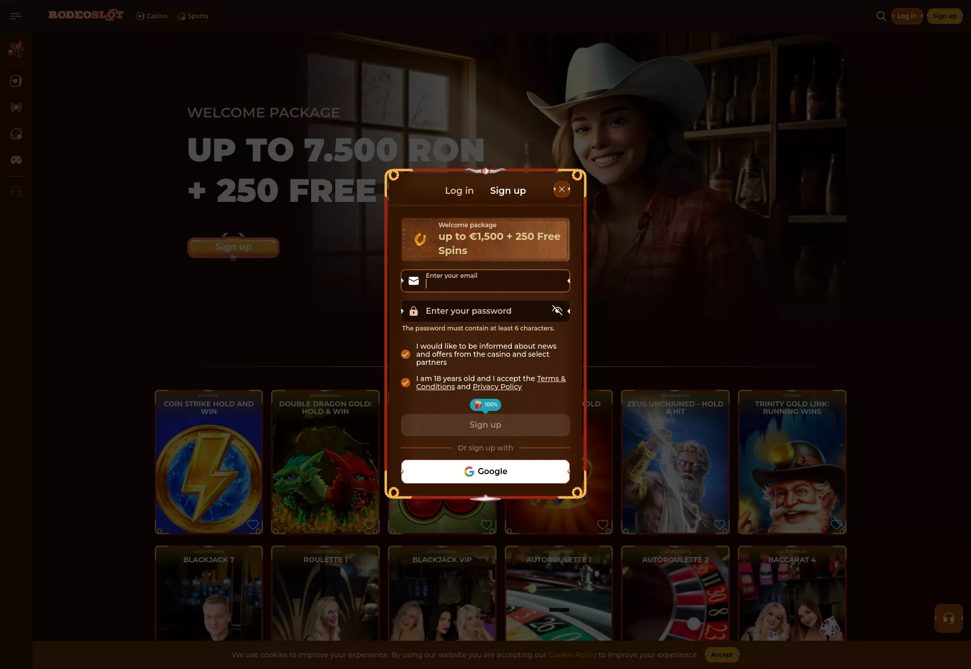 Desktop screen. Rodeoslot Up to €1500 + 250 FS