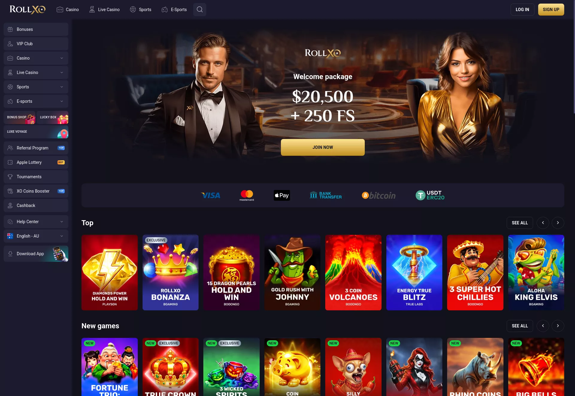 Desktop screen. RollXO Casino Up to $15000 + 350 FS