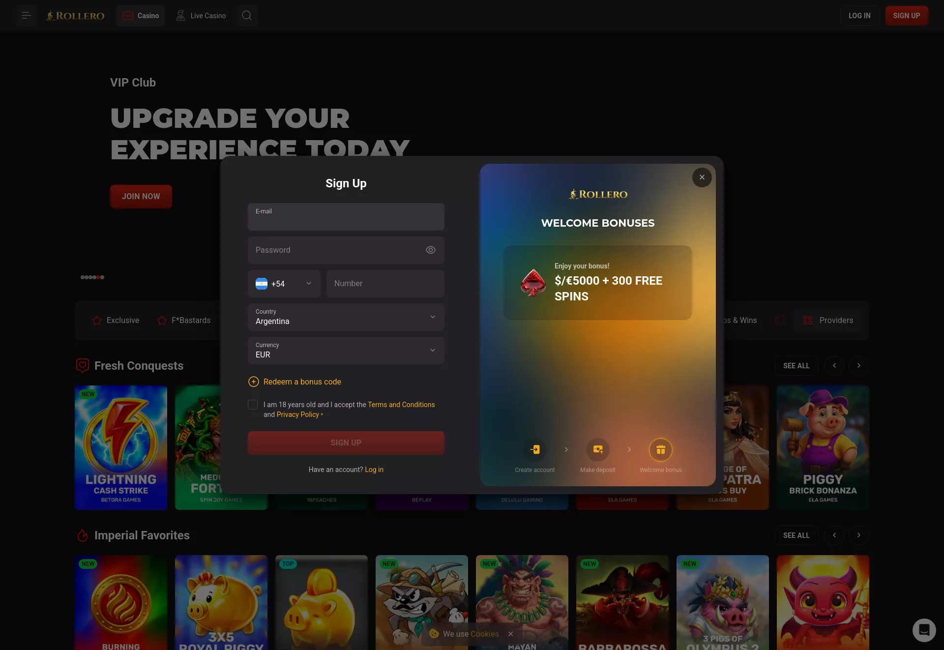 Desktop screen. Rollero Casino Up to $5000 + 300 FS