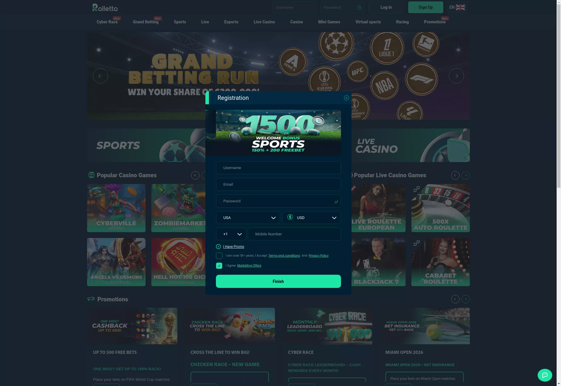 Desktop screen. Rolletto Up to $5500