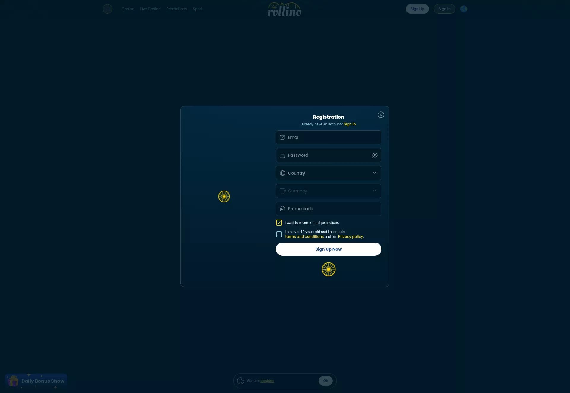 Desktop screen. Rollino Casino Up to $4000 + 325 FS