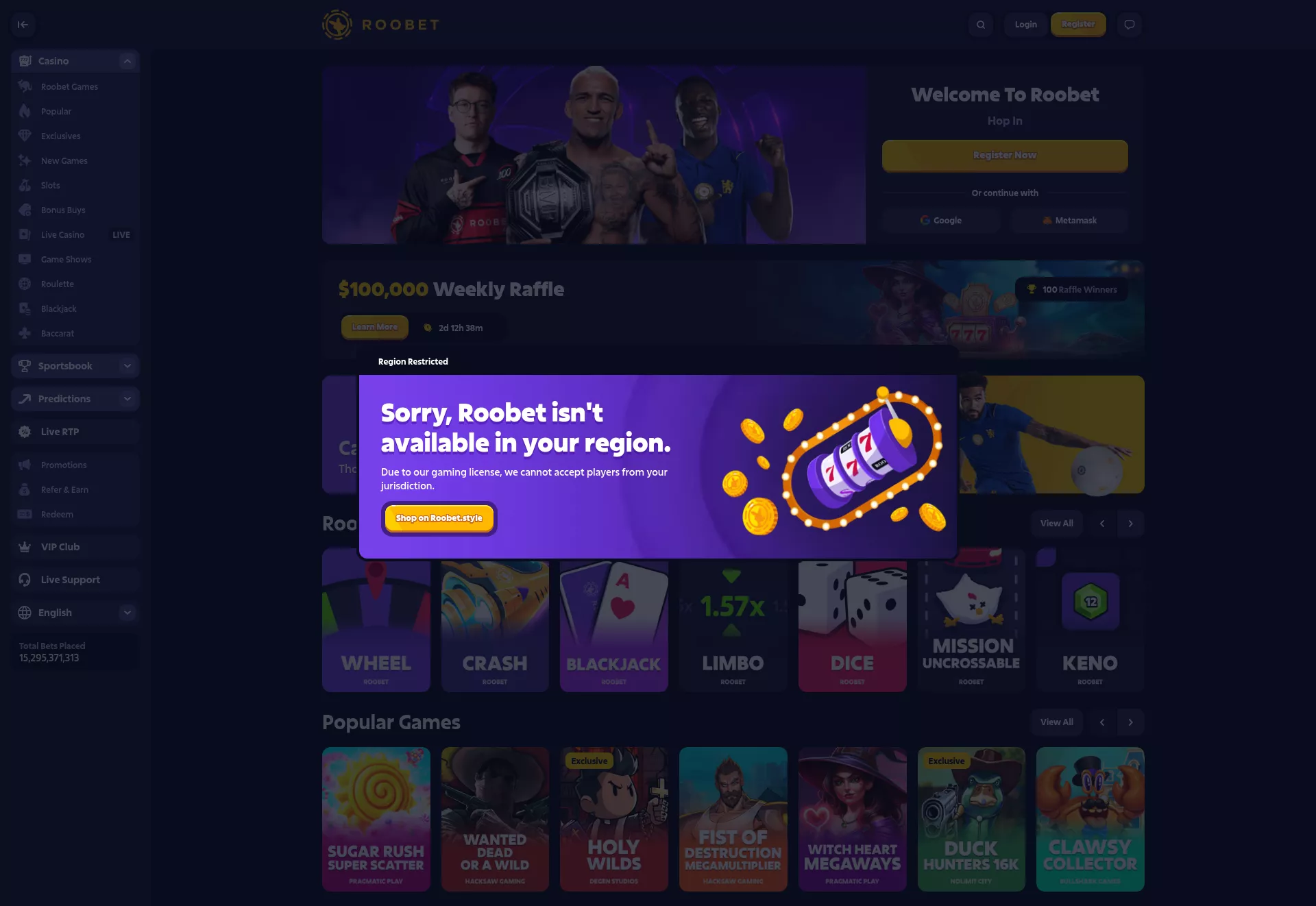 Desktop screen. Roobet Up to $100000 Weekly Raffle