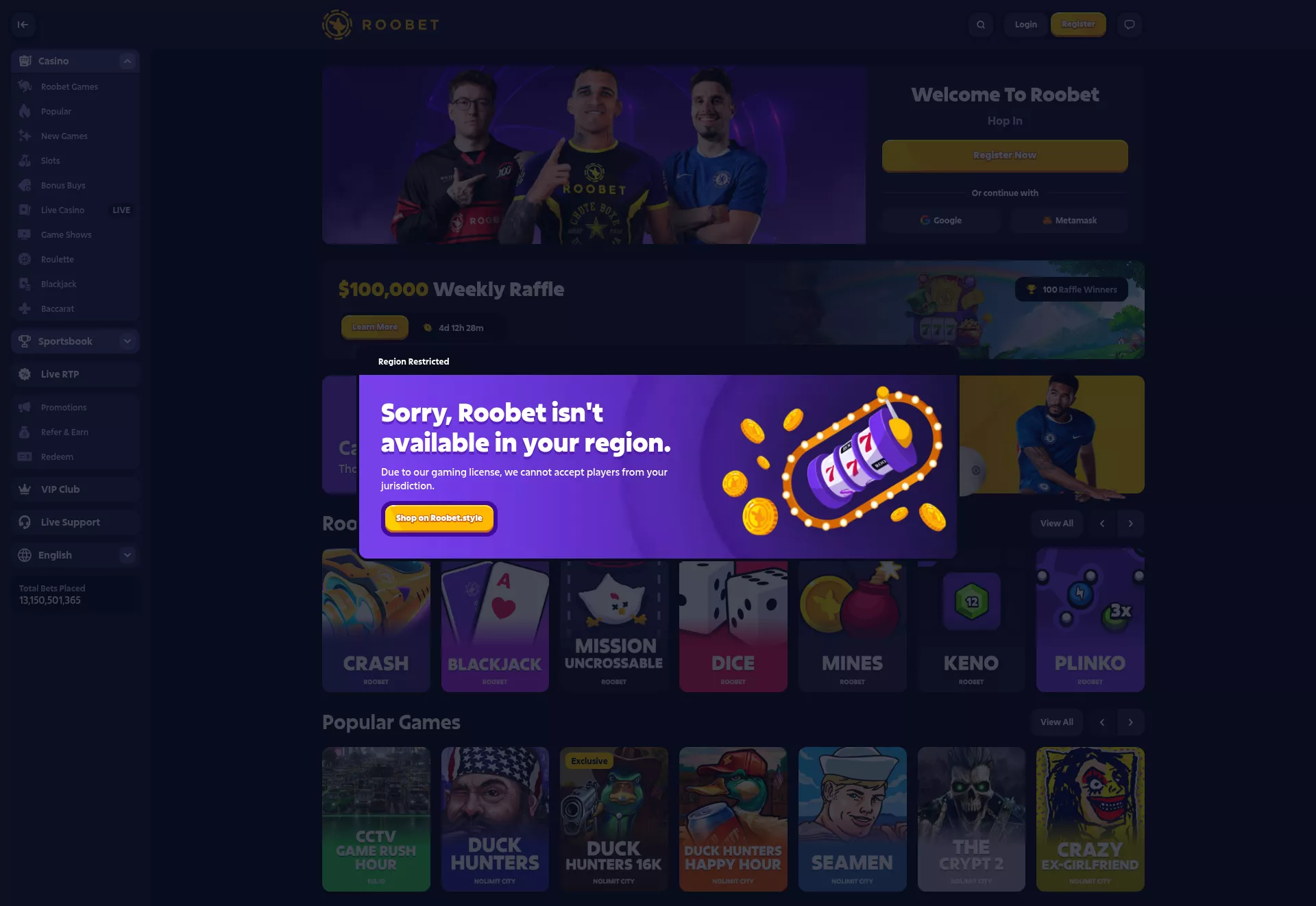 Desktop screen. Roobet Up to $100000 Weekly Raffle