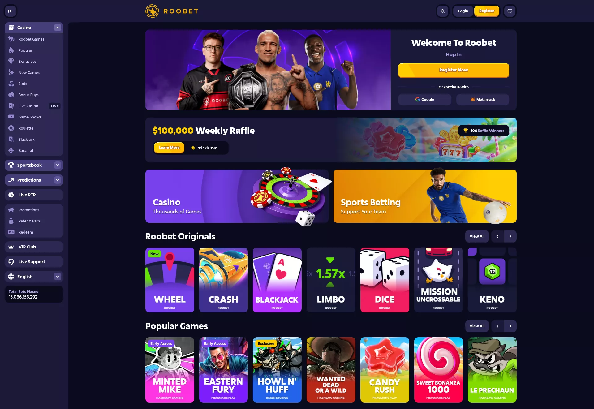 Desktop screen. Roobet Up to $100000 Weekly Raffle