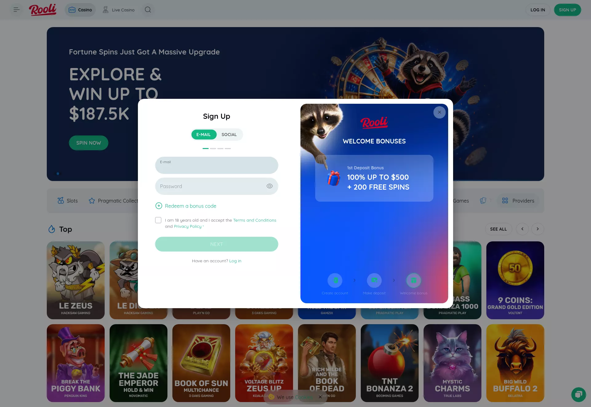 Desktop screen. Rooli Casino Up to C$4000 + 475 FS