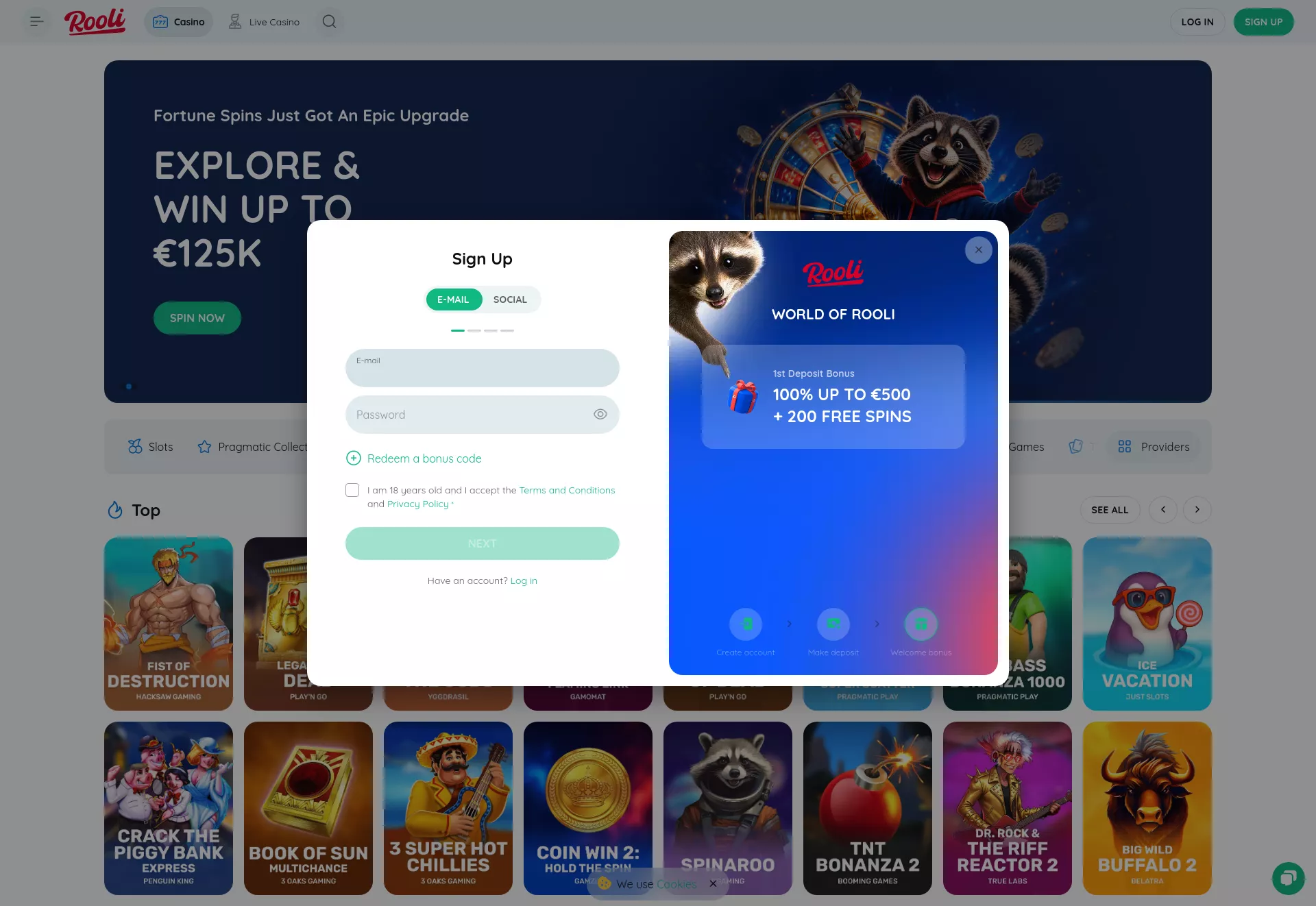 Desktop screen. Rooli Casino Bis zu €4000 + 475 FS