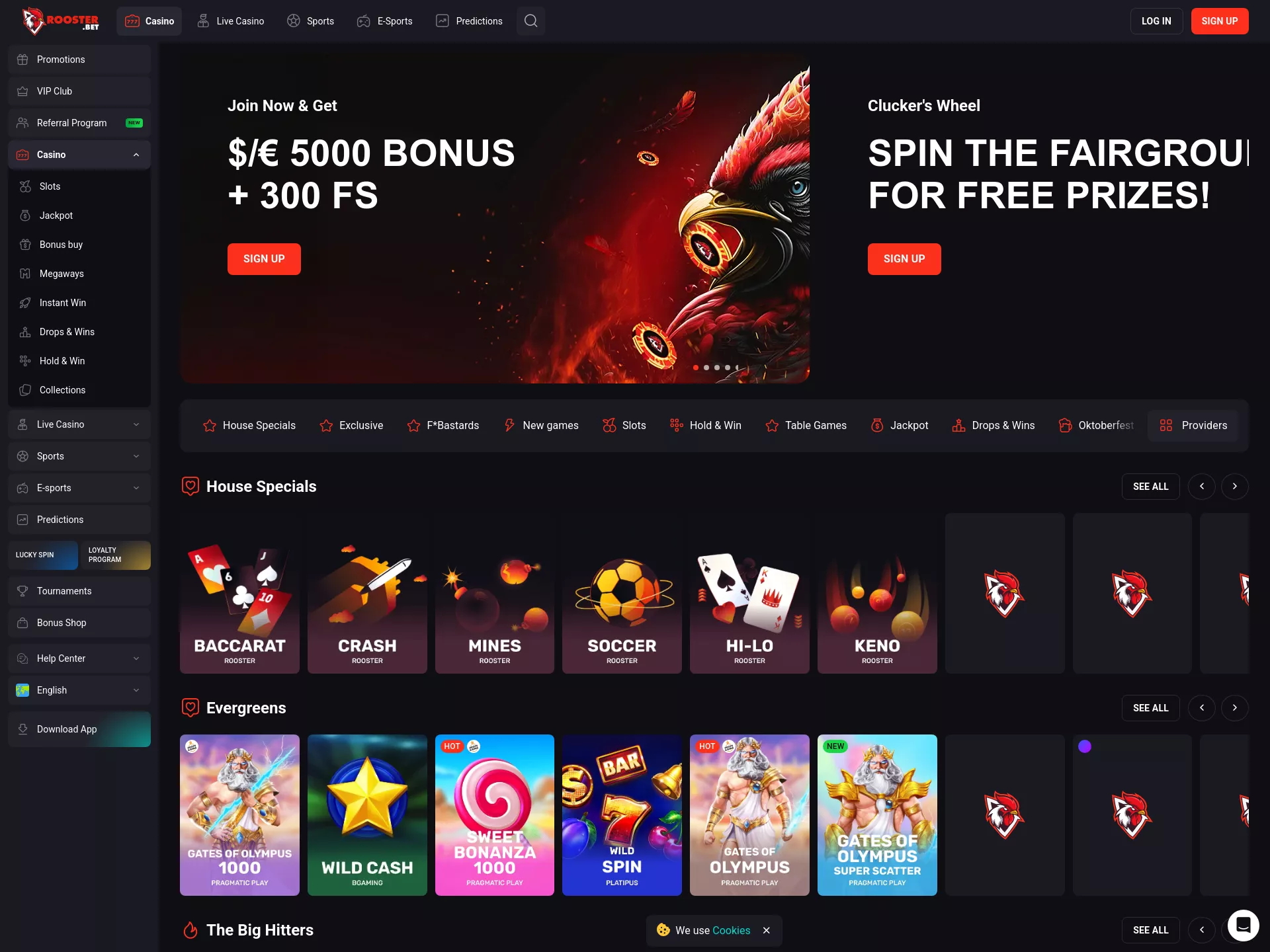 Desktop screen. Rooster Bet Up to C$5000 + 300 FS