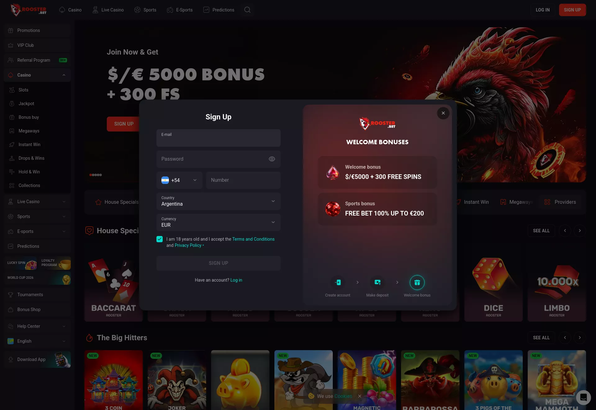 Desktop screen. Rooster Bet Up to $5000 + 300 FS