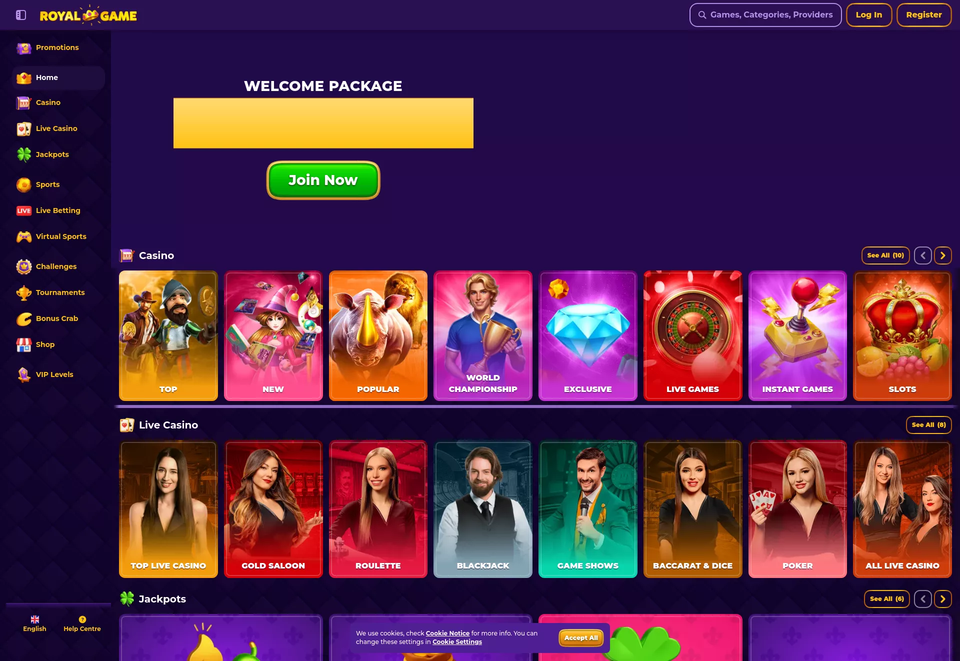Desktop screen. RoyalGame Casino 100% up to $500 + 200 FS + 1 Bonus Crab
