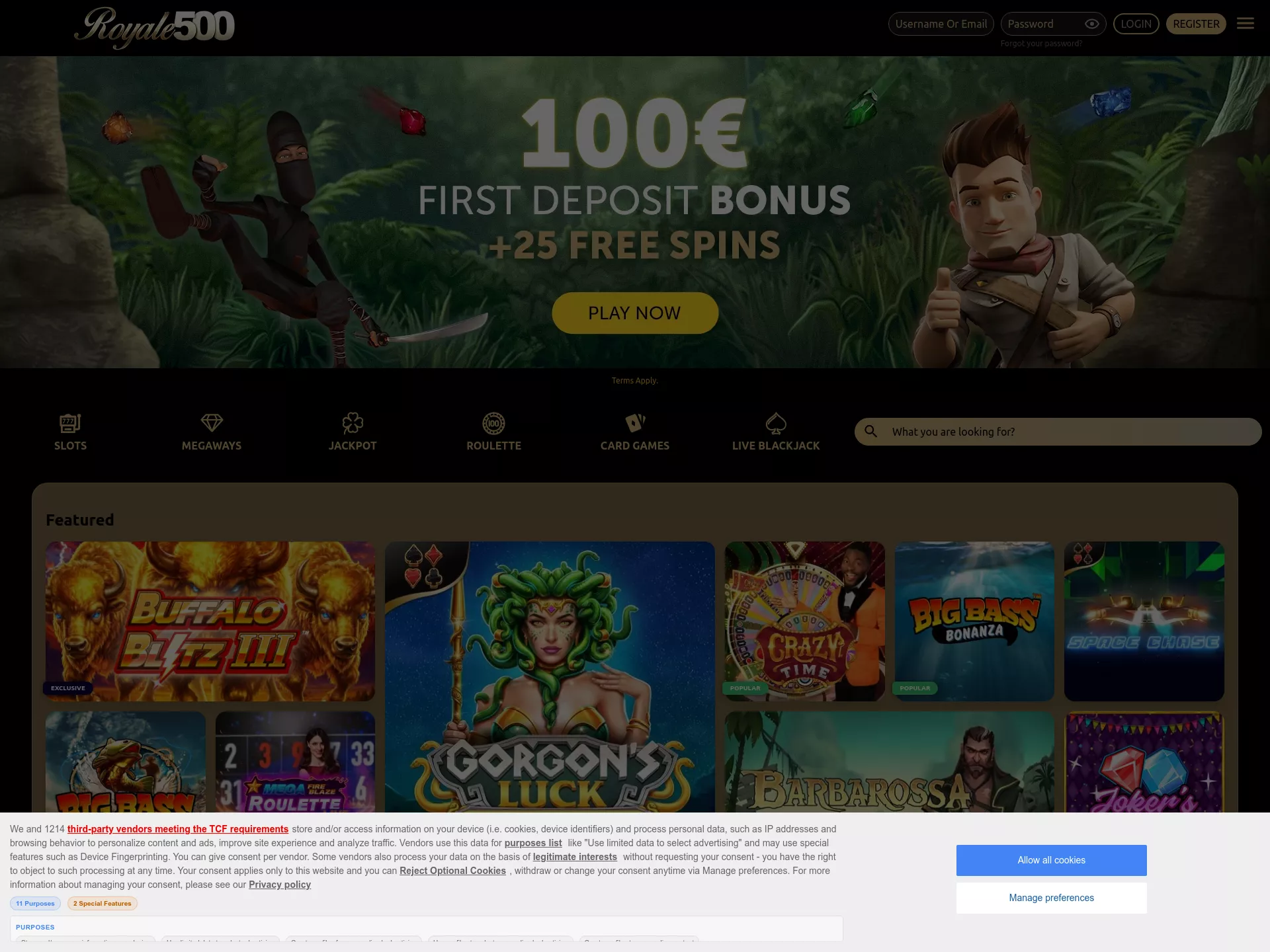 Desktop screen. Royale500 100% up to €100 + 25 FS