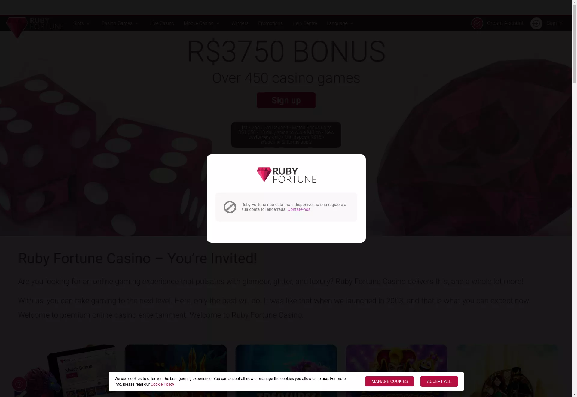 Desktop screen. Ruby Fortune Até R$3750
