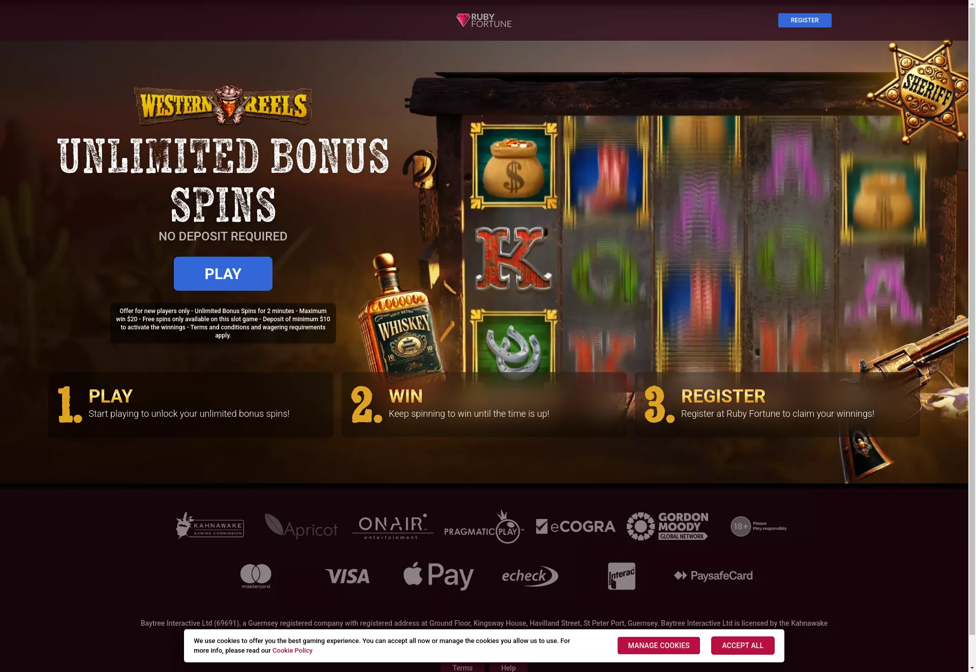 Desktop screen. Ruby Fortune Up to C$20