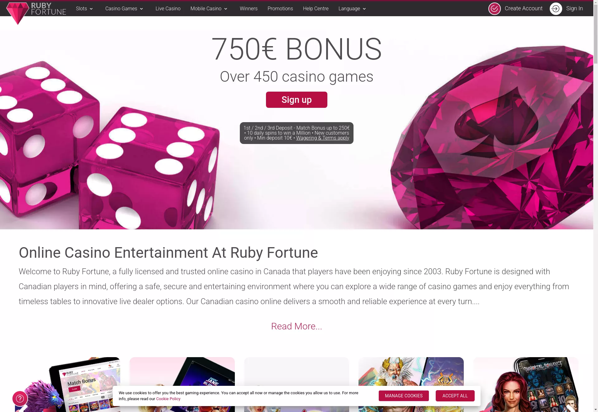 Desktop screen. Ruby Fortune Up to €750