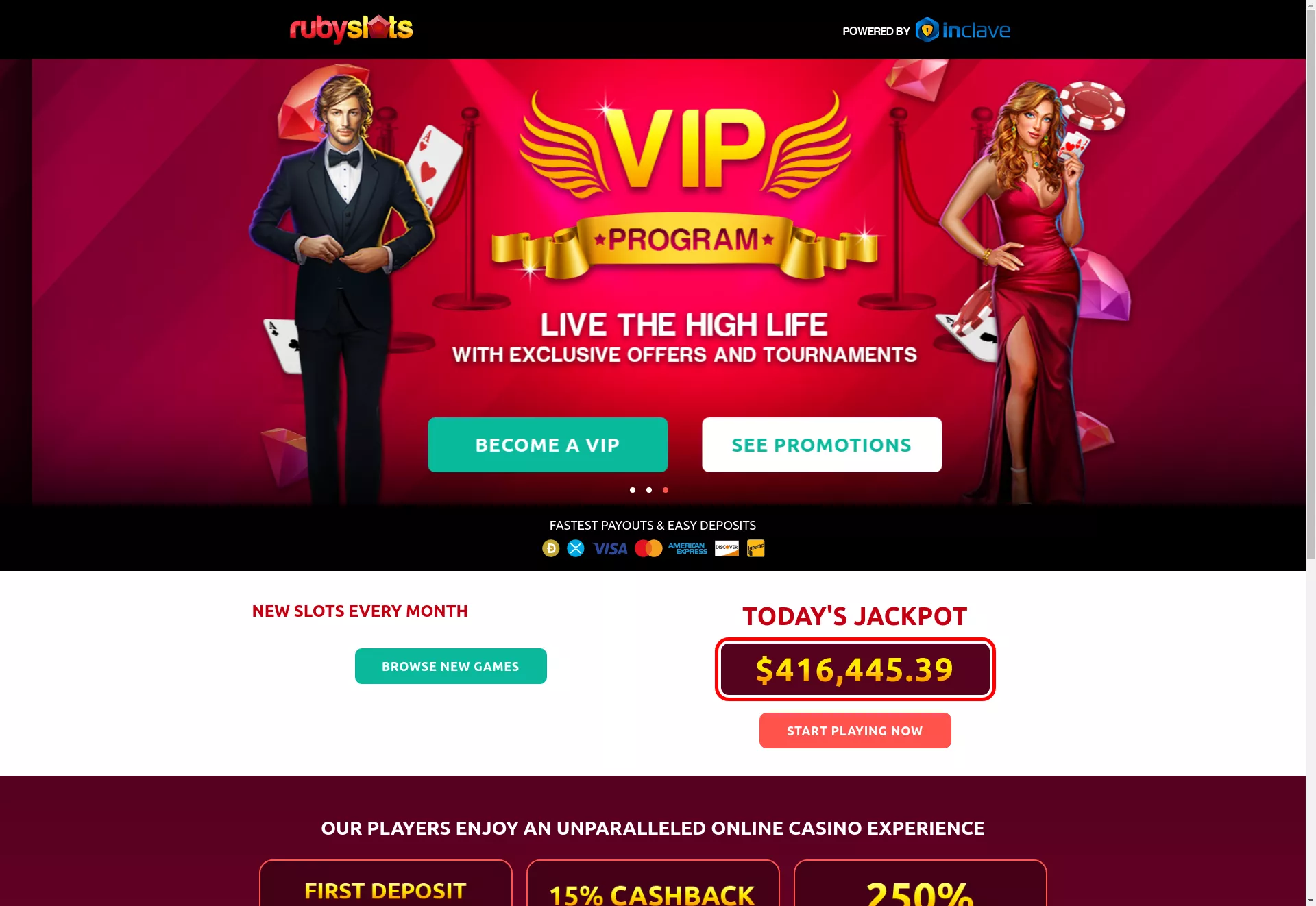 Desktop screen. Ruby Slots Casino 250% up to $2500 + 25 FS