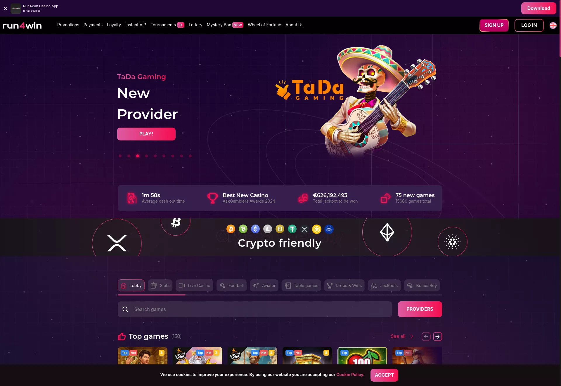Desktop screen. Run4Win Casino 150% up to $300 + 40 FS