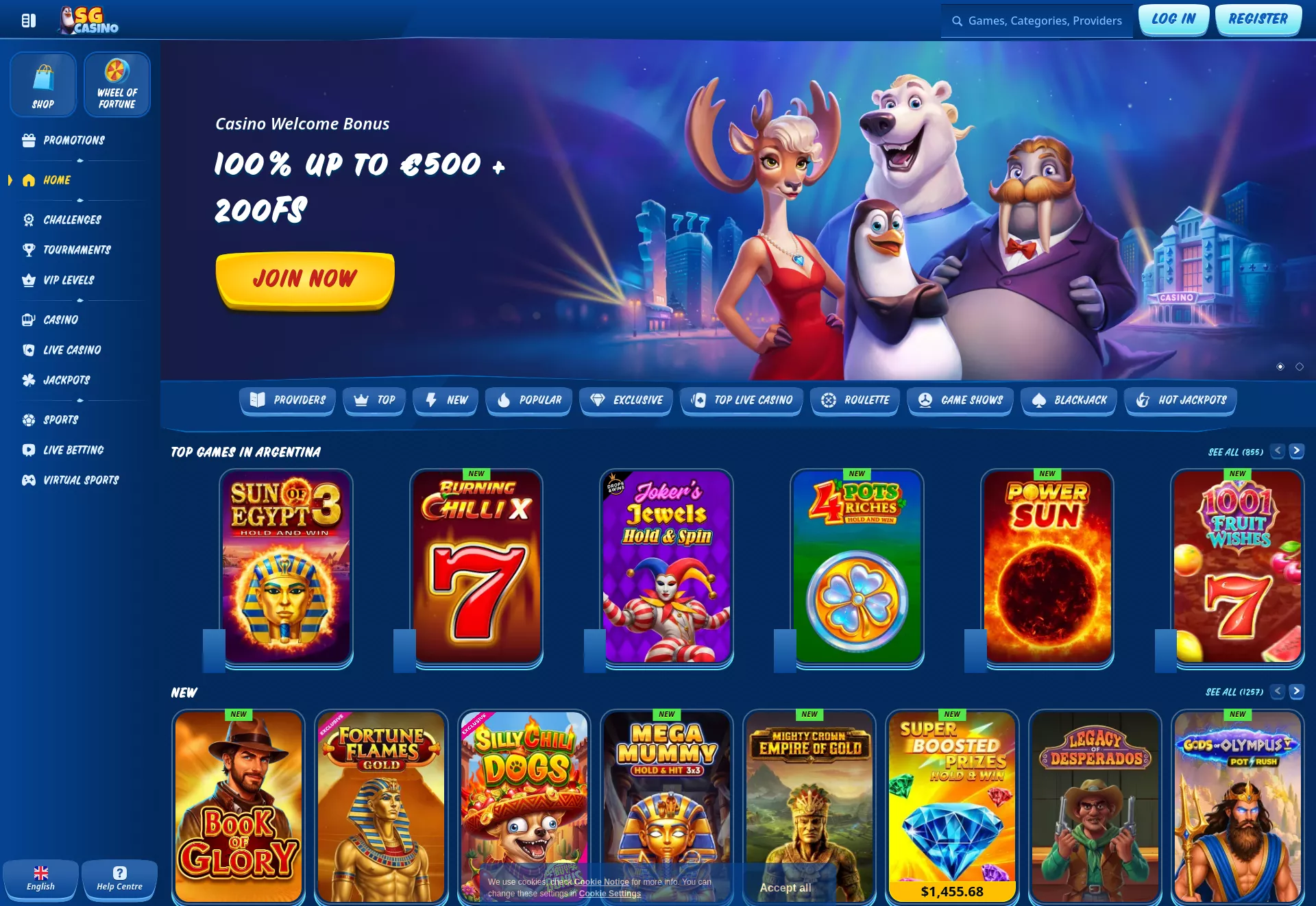 Desktop screen. SG Casino 100% up to $500 + 200 FS + 1 bonus crab