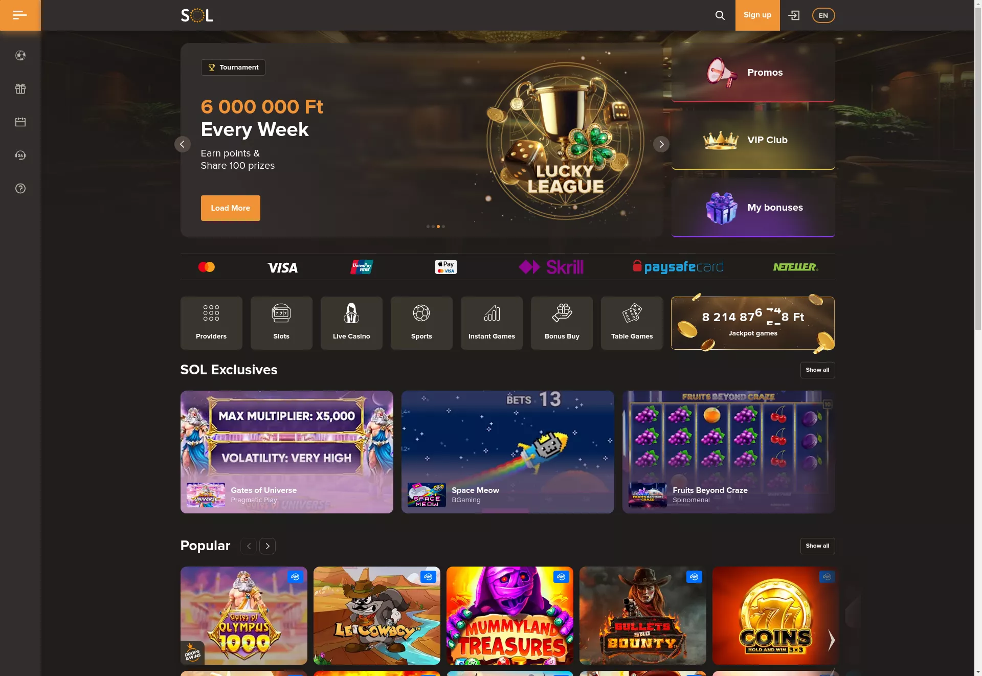 Desktop screen. SOL Casino Up to €1500 + 500 FS