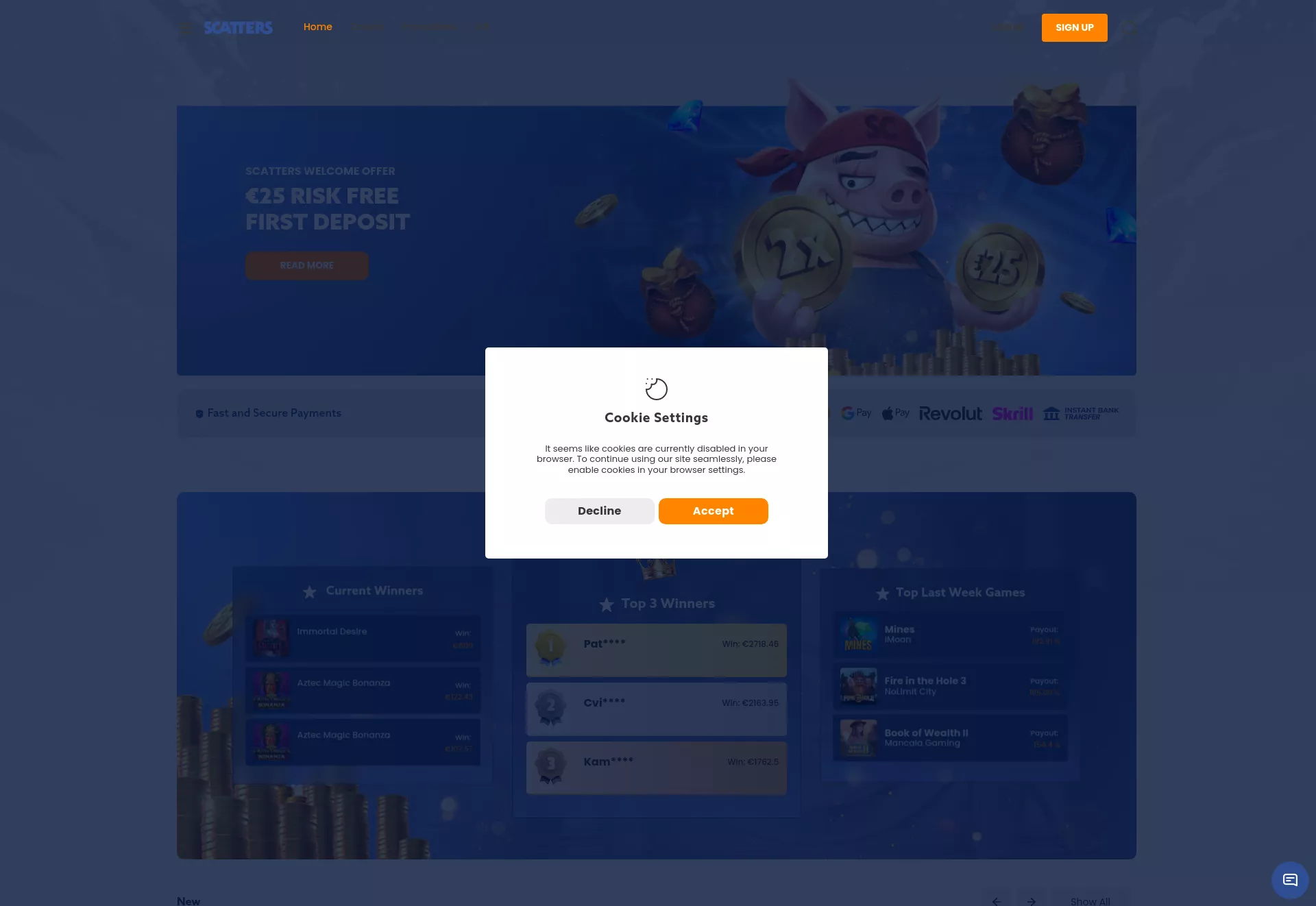 Desktop screen. Scatters Cashback up to $25